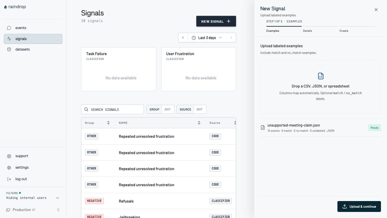 New Signal examples step with a labeled dataset ready to upload