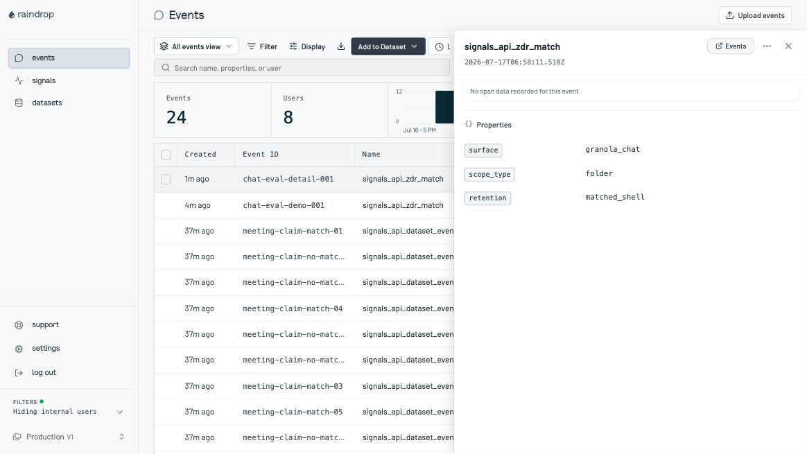 Sanitized matched event detail showing identifiers and safe properties without raw content