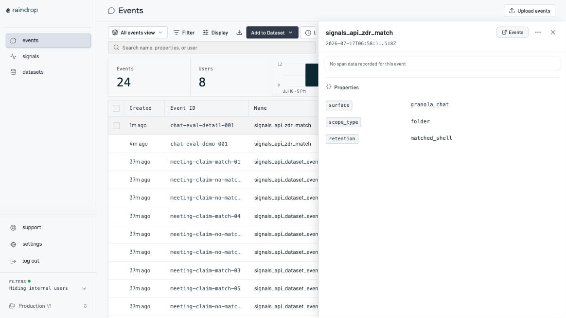 Sanitized matched event detail showing identifiers and safe properties without raw content