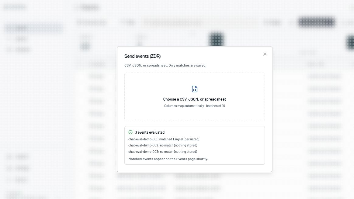 ZDR event upload receipt showing per-event match results with sanitized shells persisted