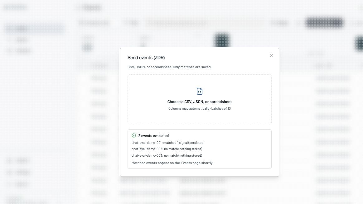 ZDR event upload receipt showing per-event match results with sanitized shells persisted