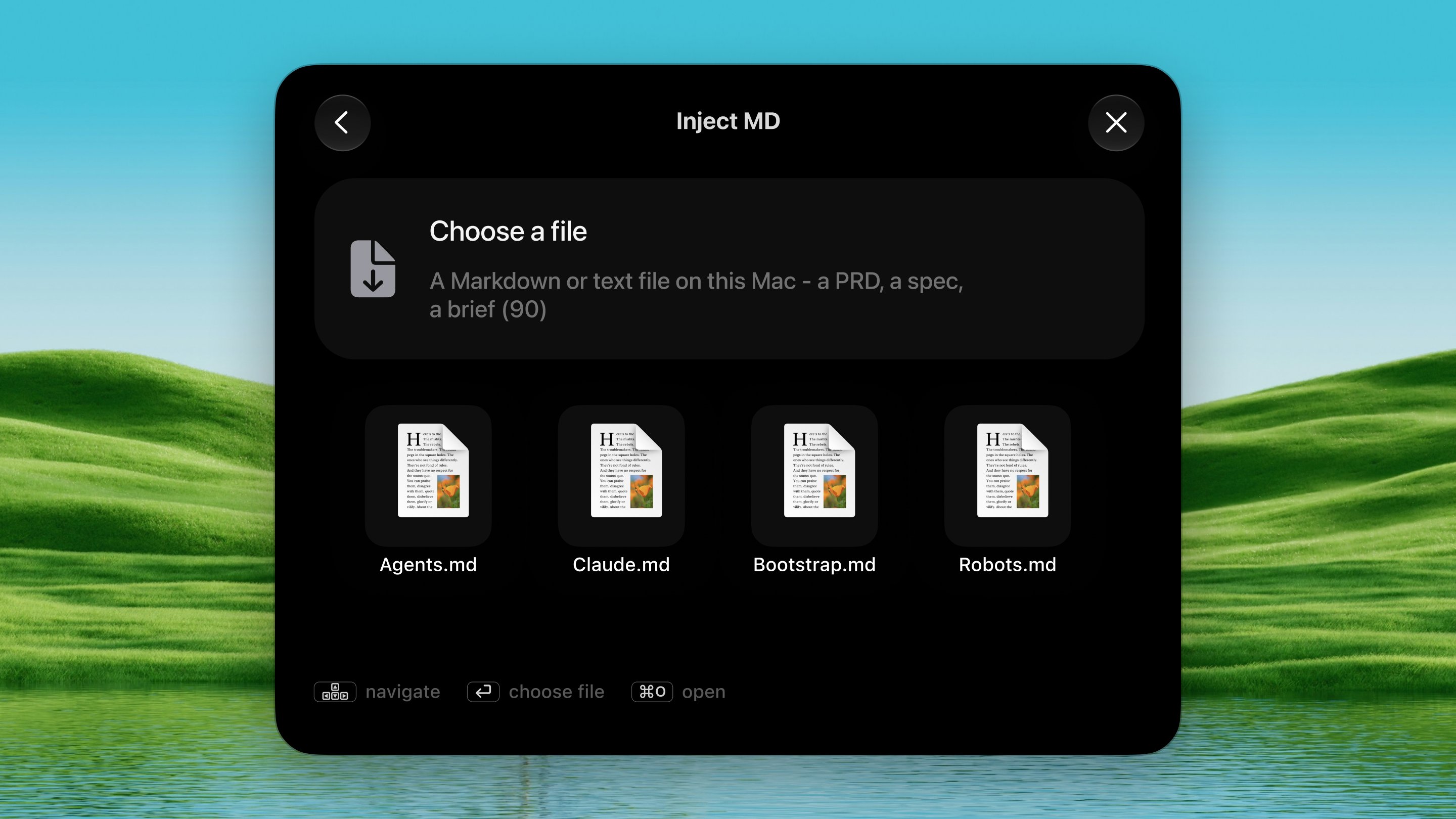 Inject MD — choose a file to inject