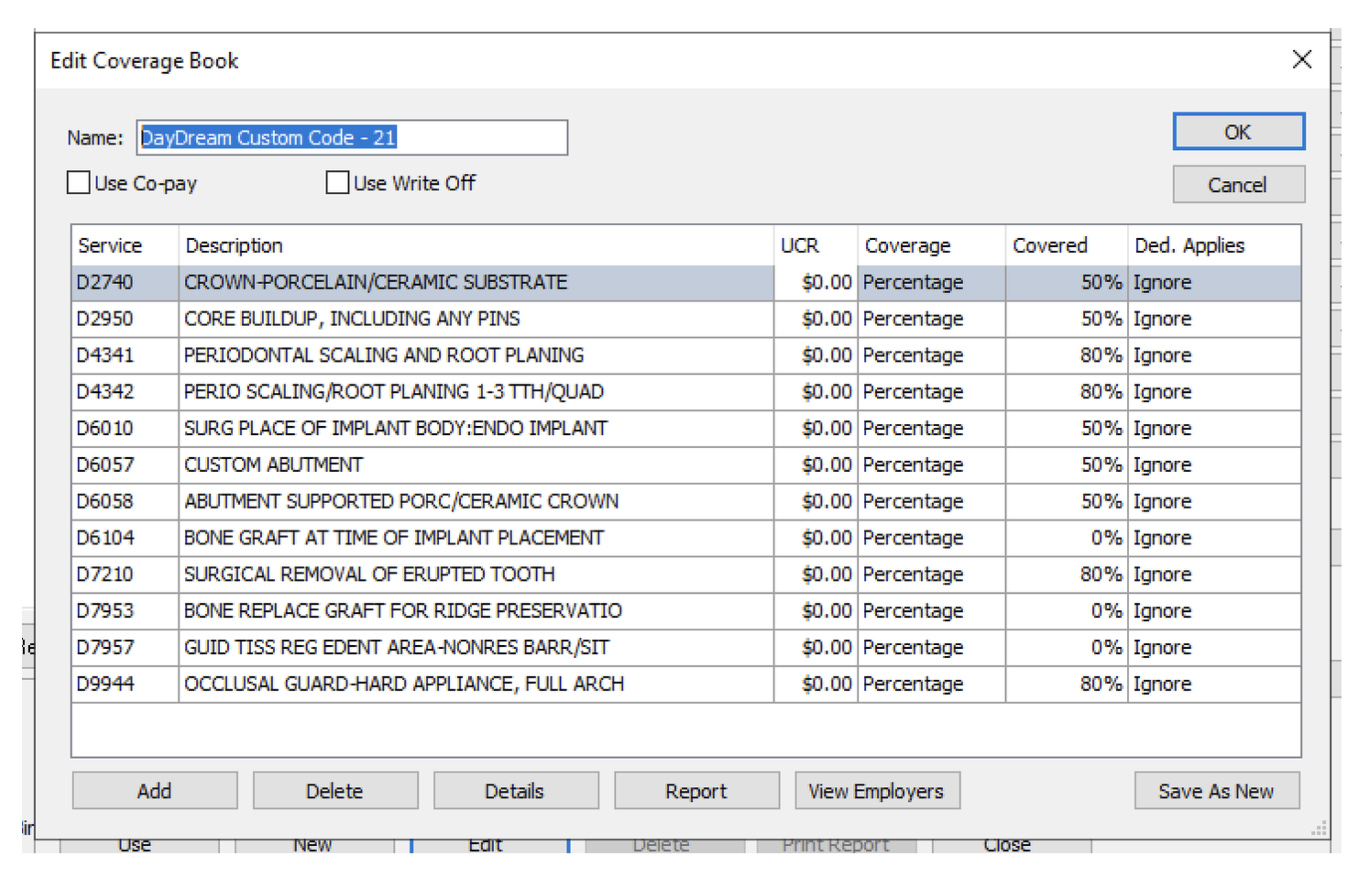 Eaglesoft Edit Coverage Book showing DayDream custom procedure codes and coverage percentages