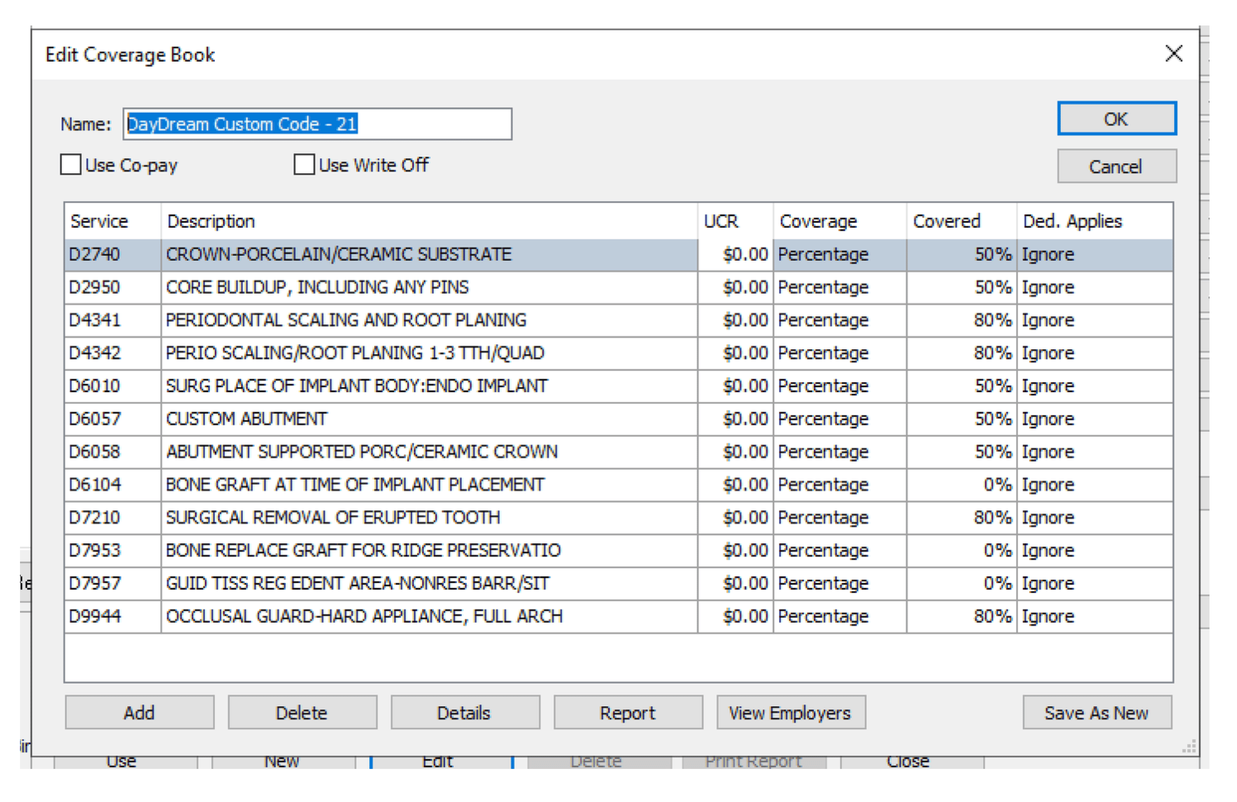 Eaglesoft Edit Coverage Book showing DayDream custom procedure codes and coverage percentages