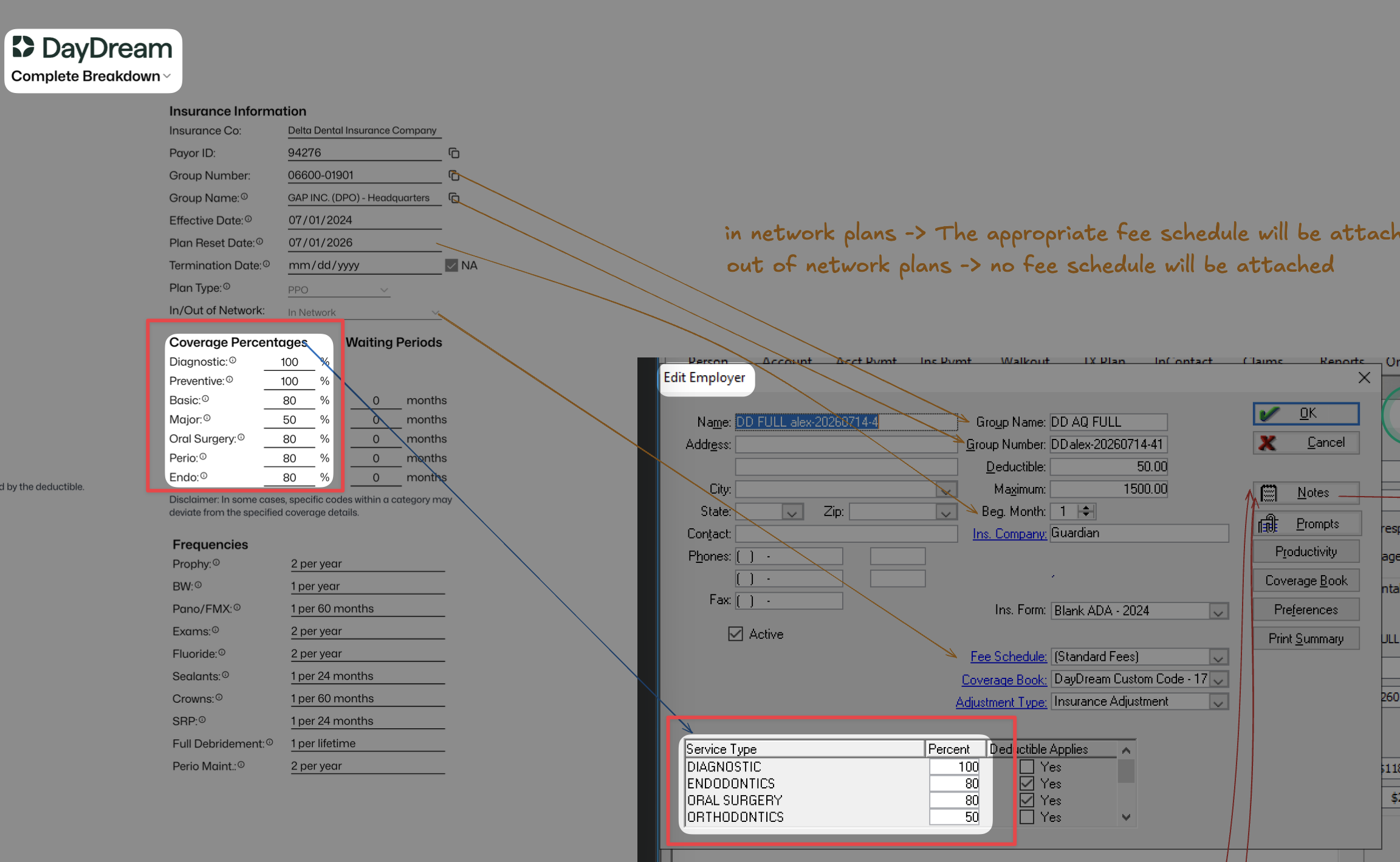 DayDream coverage percentages mapped to Eaglesoft Edit Employer Service Type table