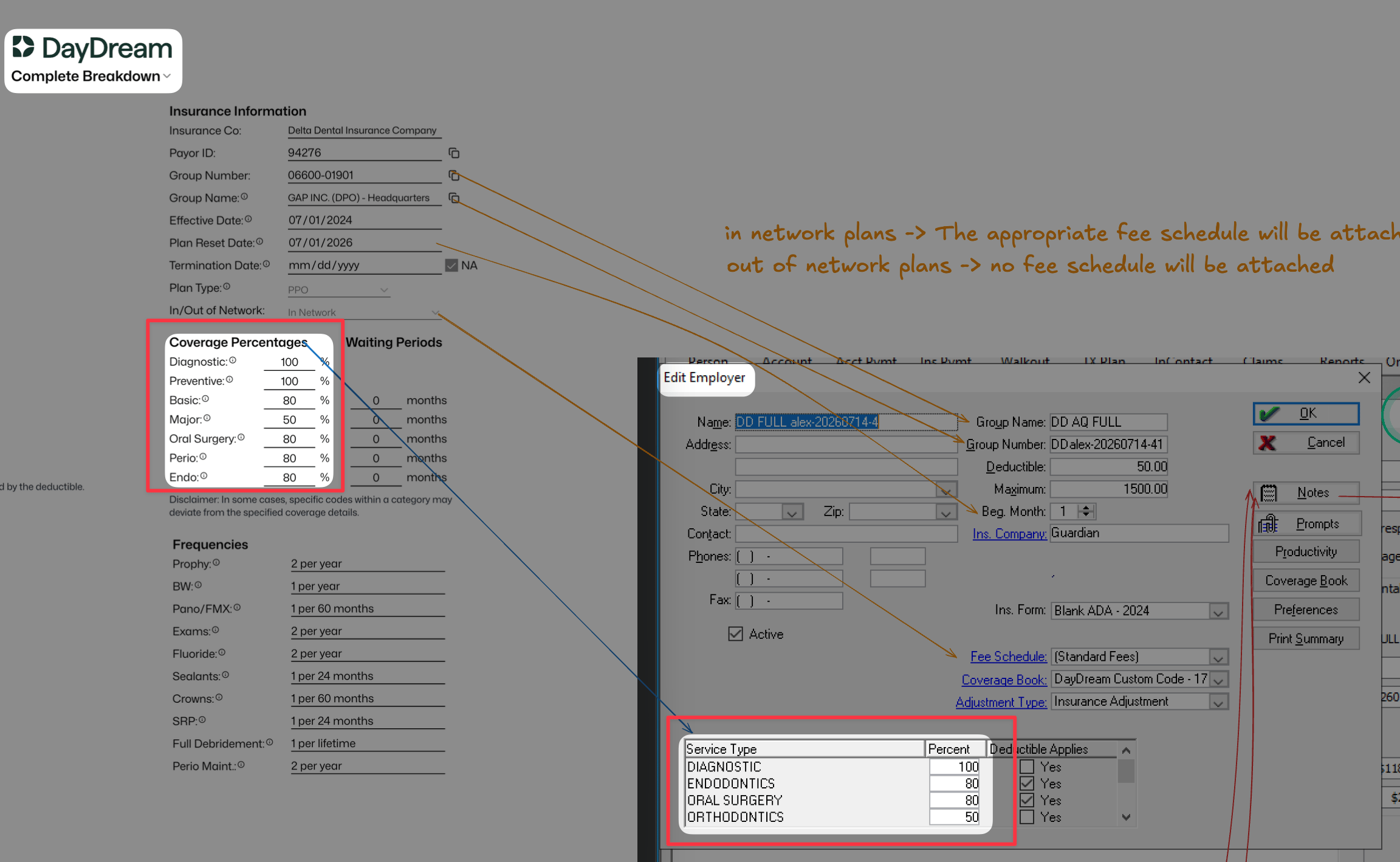 DayDream coverage percentages mapped to Eaglesoft Edit Employer Service Type table