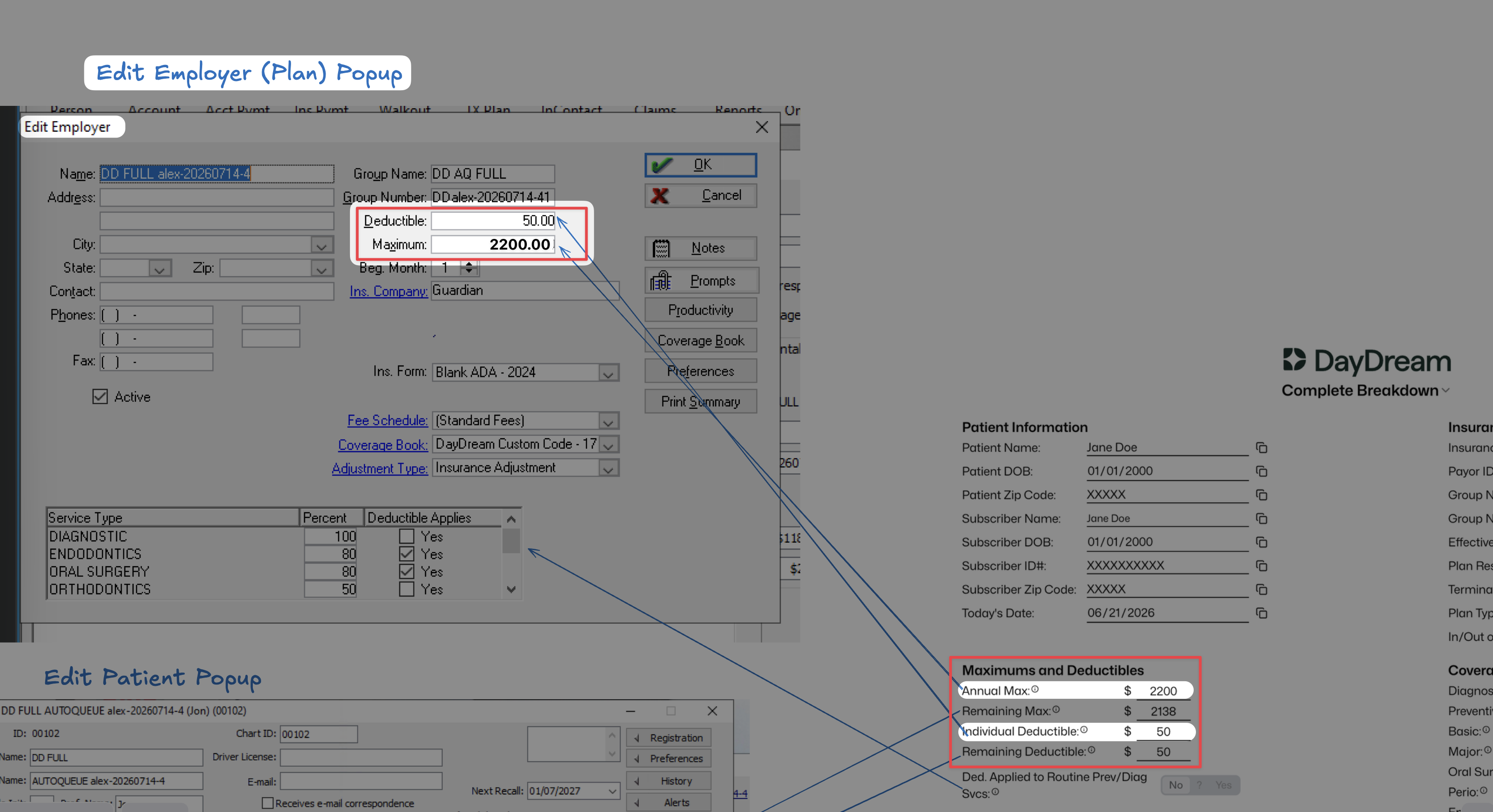DayDream maximums and deductibles mapped to Eaglesoft Edit Employer Deductible and Maximum fields