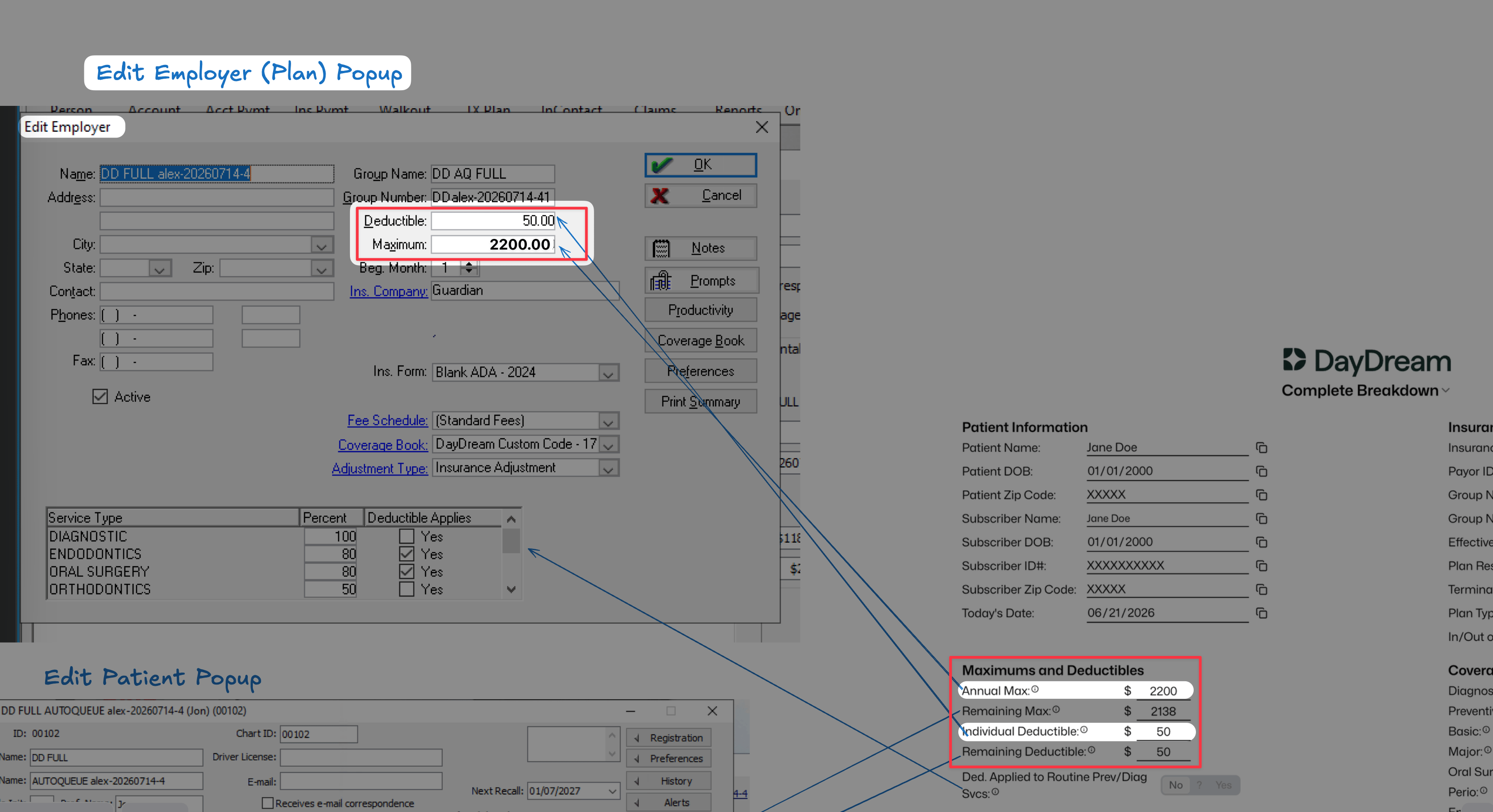 DayDream maximums and deductibles mapped to Eaglesoft Edit Employer Deductible and Maximum fields