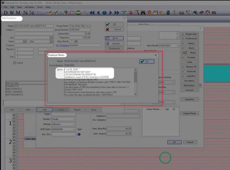 Eaglesoft Employer Notes with DayDream full breakdown verification date and plan notes