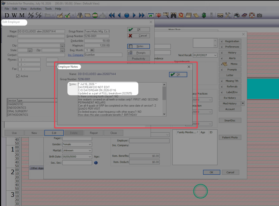 Eaglesoft Employer Notes with DayDream full breakdown verification date and plan notes