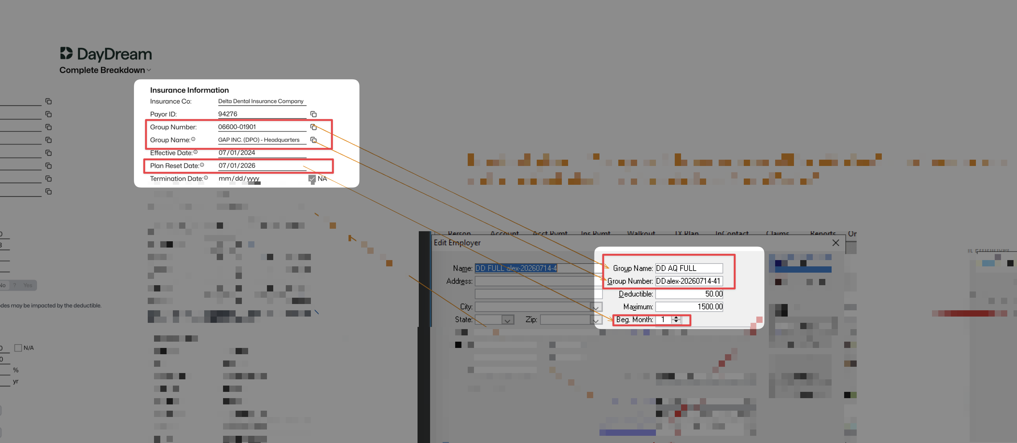 DayDream breakdown mapped to Eaglesoft Edit Employer Group Name, Group Number, and Beg. Month fields