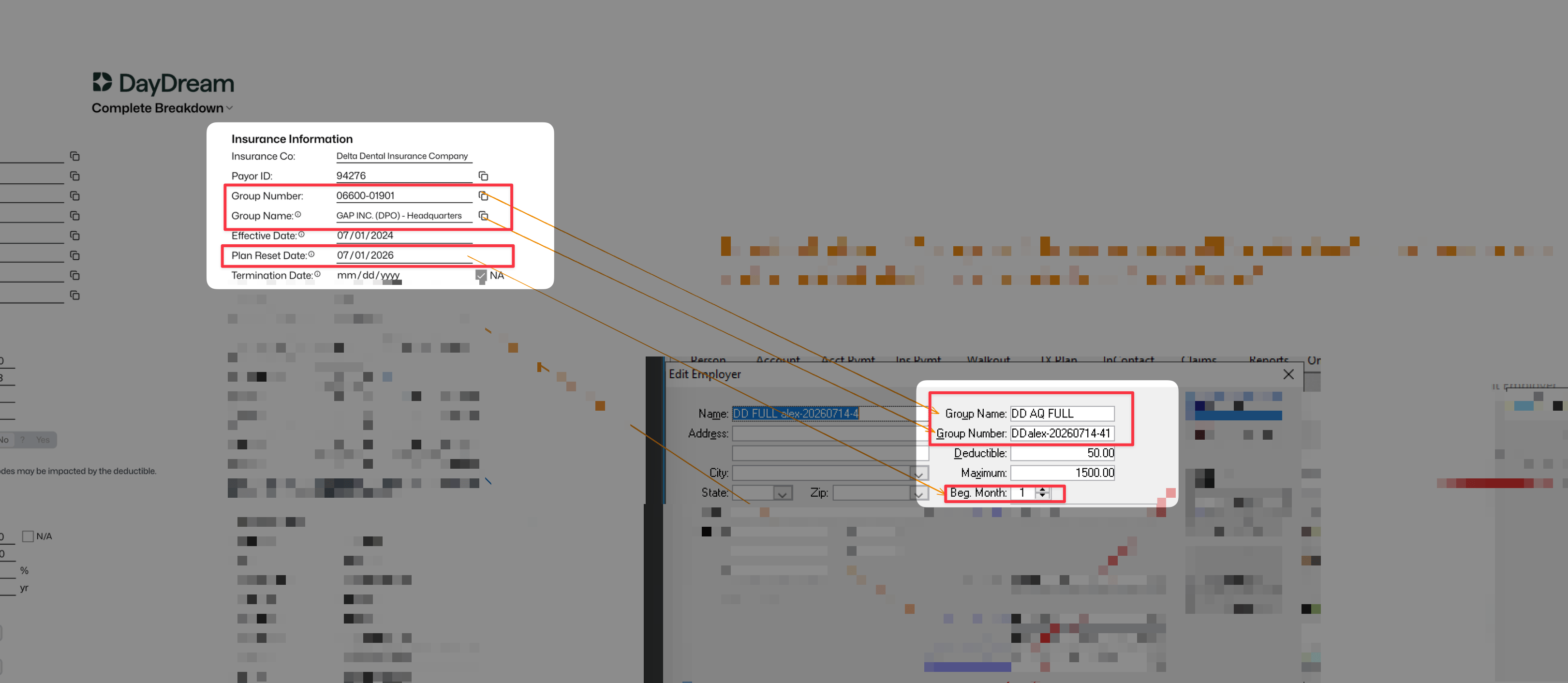 DayDream breakdown mapped to Eaglesoft Edit Employer Group Name, Group Number, and Beg. Month fields