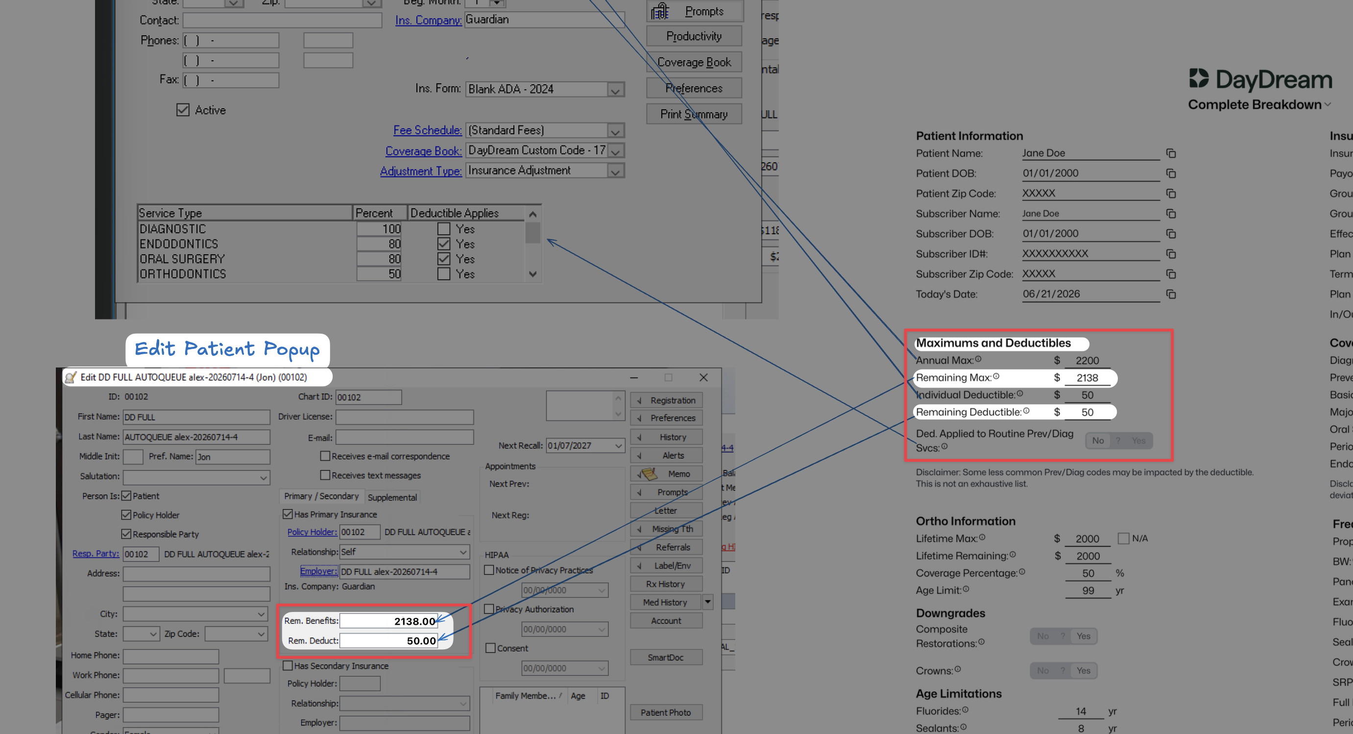 DayDream remaining max and deductible mapped to Eaglesoft Edit Patient Rem. Benefits and Rem. Deduct fields
