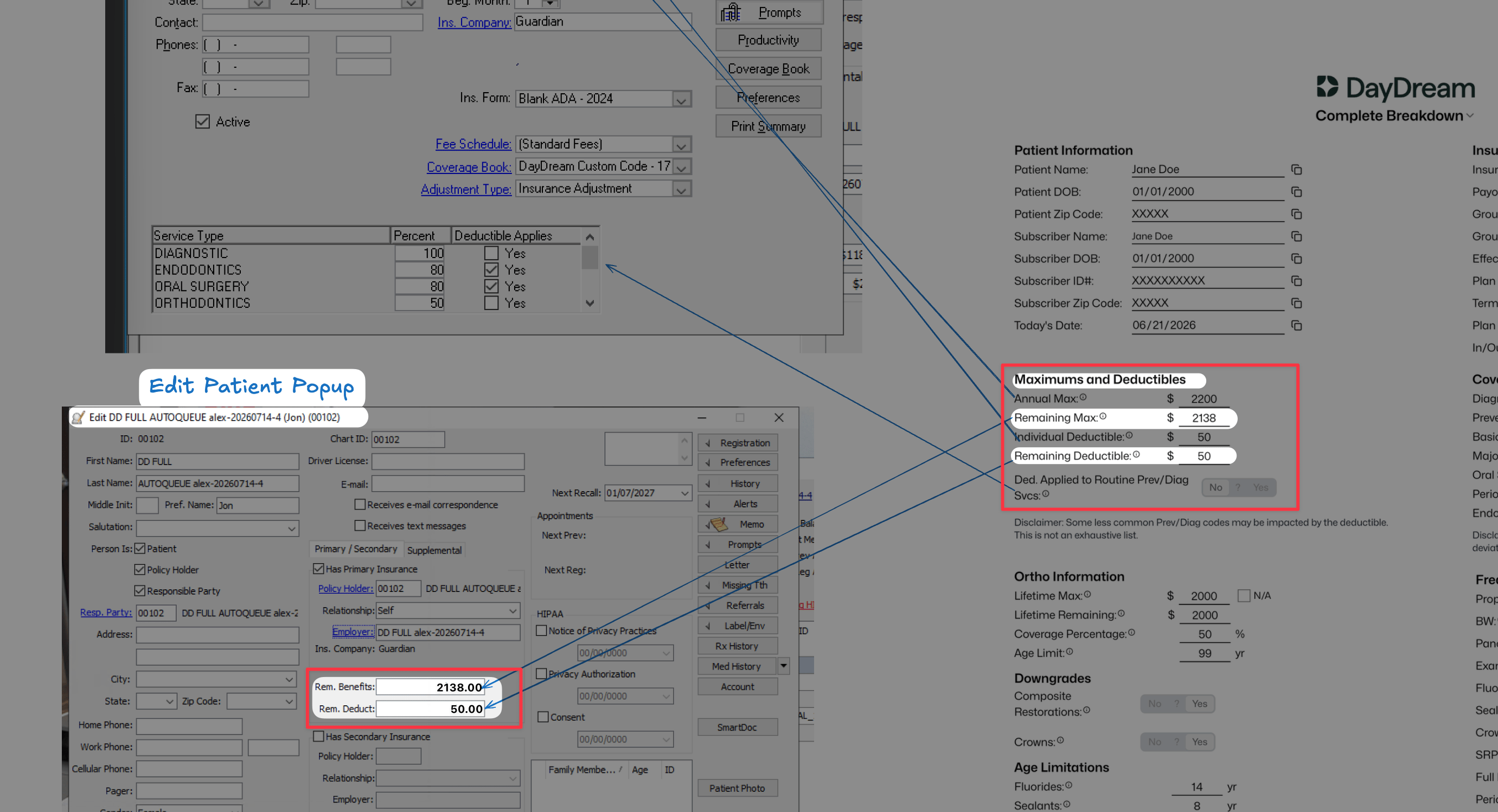 DayDream remaining max and deductible mapped to Eaglesoft Edit Patient Rem. Benefits and Rem. Deduct fields