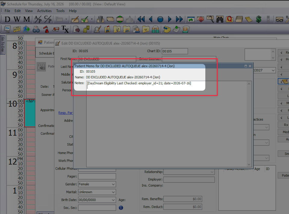 Eaglesoft Patient Memo showing DayDream Eligibility Last Checked date