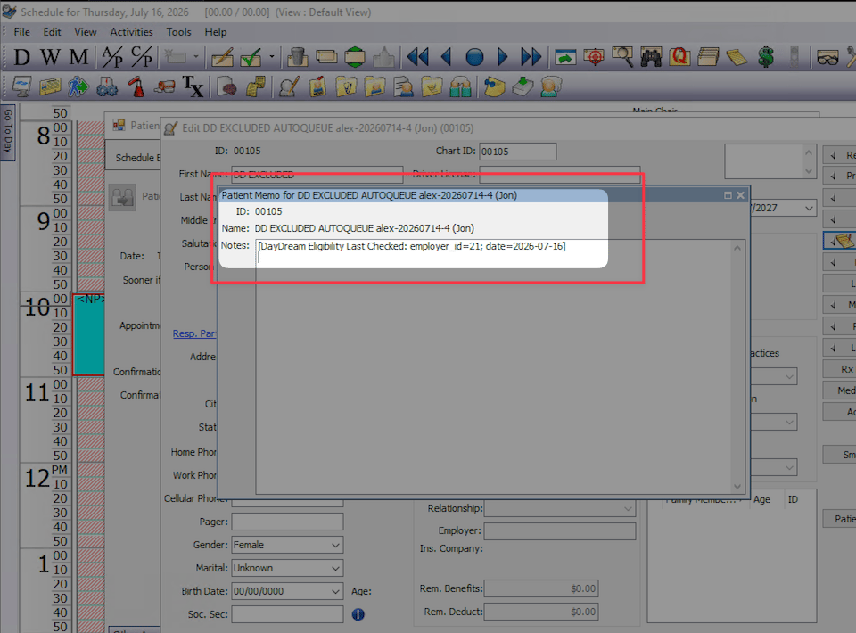 Eaglesoft Patient Memo showing DayDream Eligibility Last Checked date