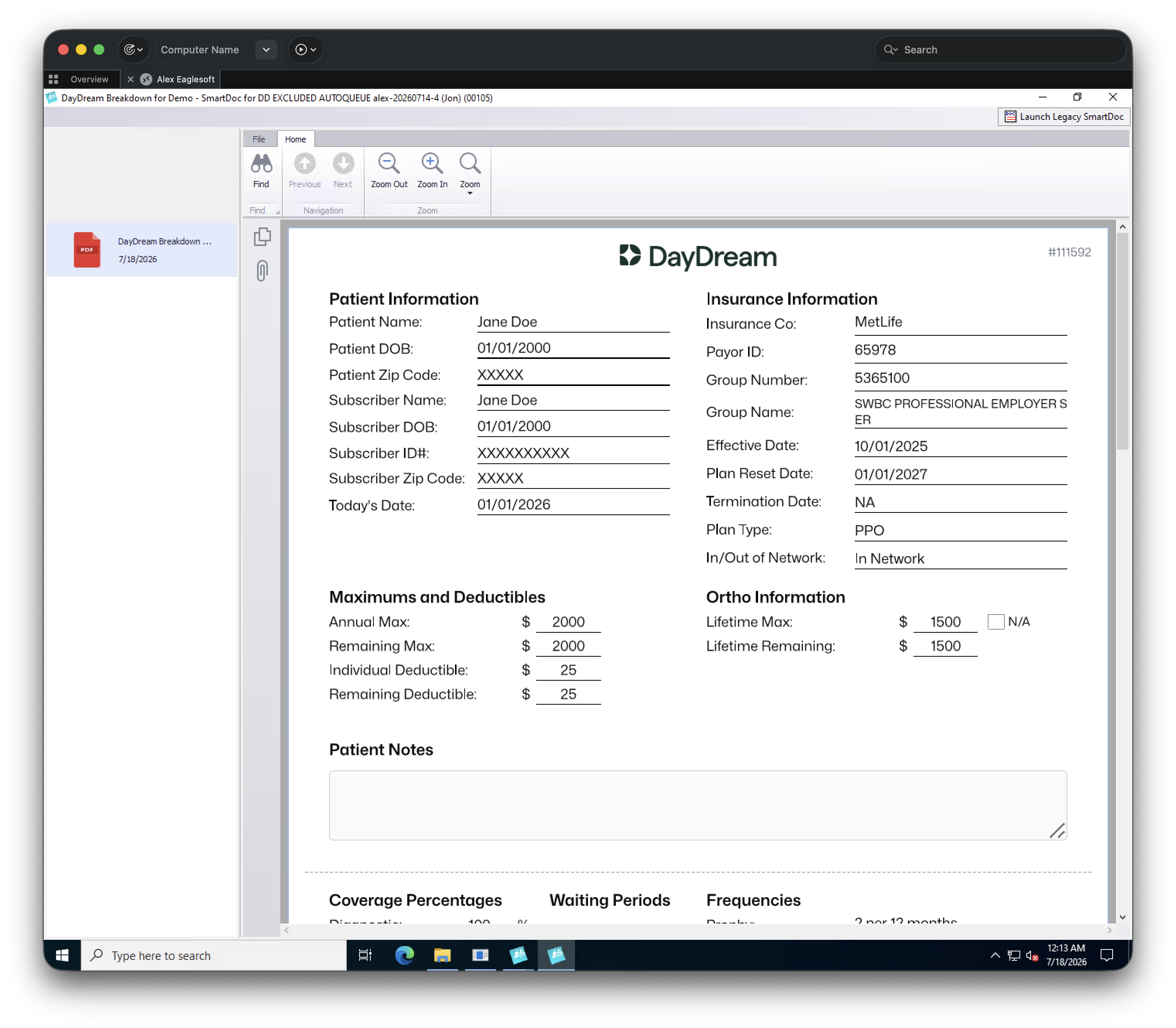 Eaglesoft SmartDoc showing the DayDream breakdown PDF