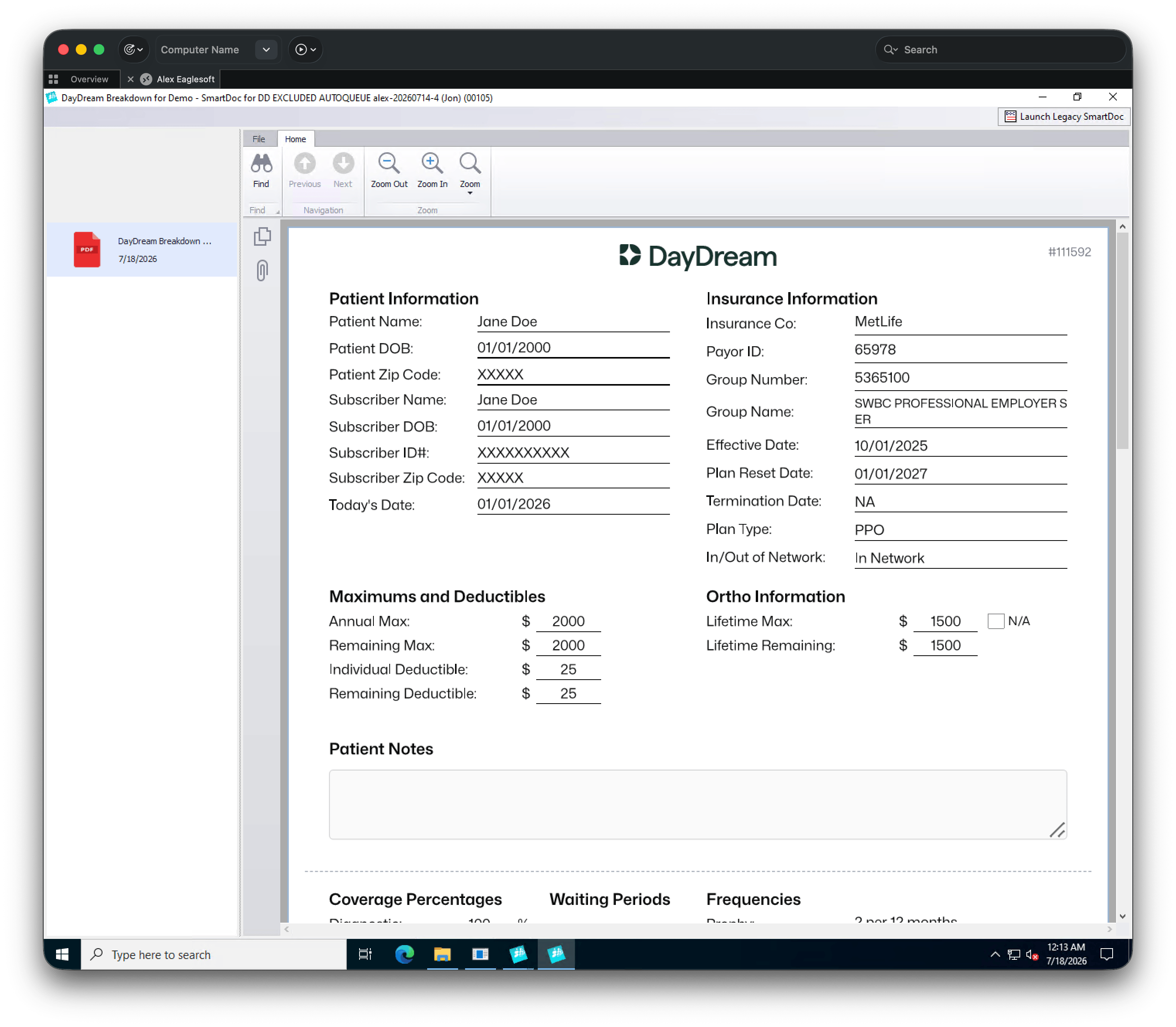 Eaglesoft SmartDoc showing the DayDream breakdown PDF