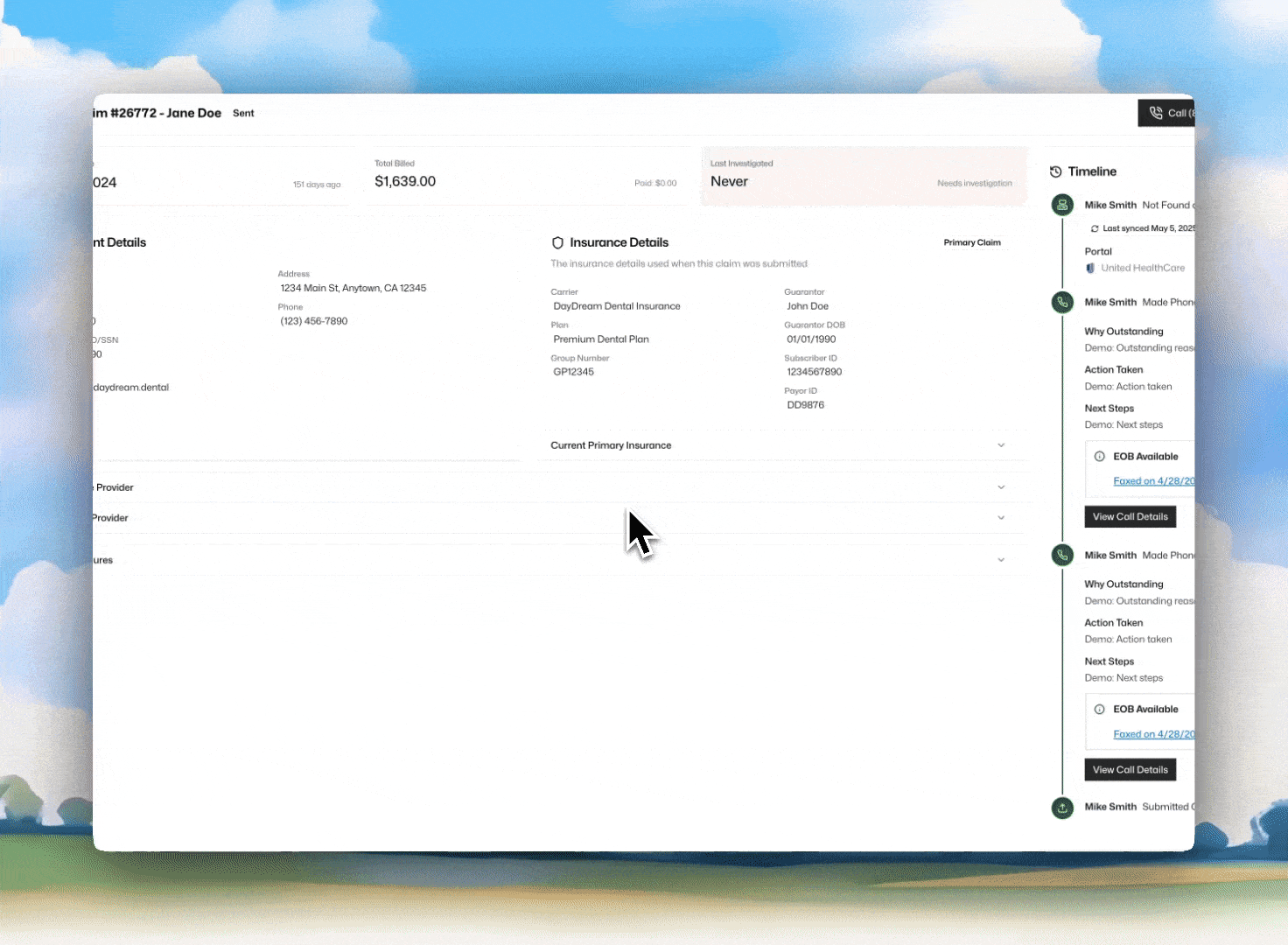 AI Phone Call Follow Up interface showing timeline and call details