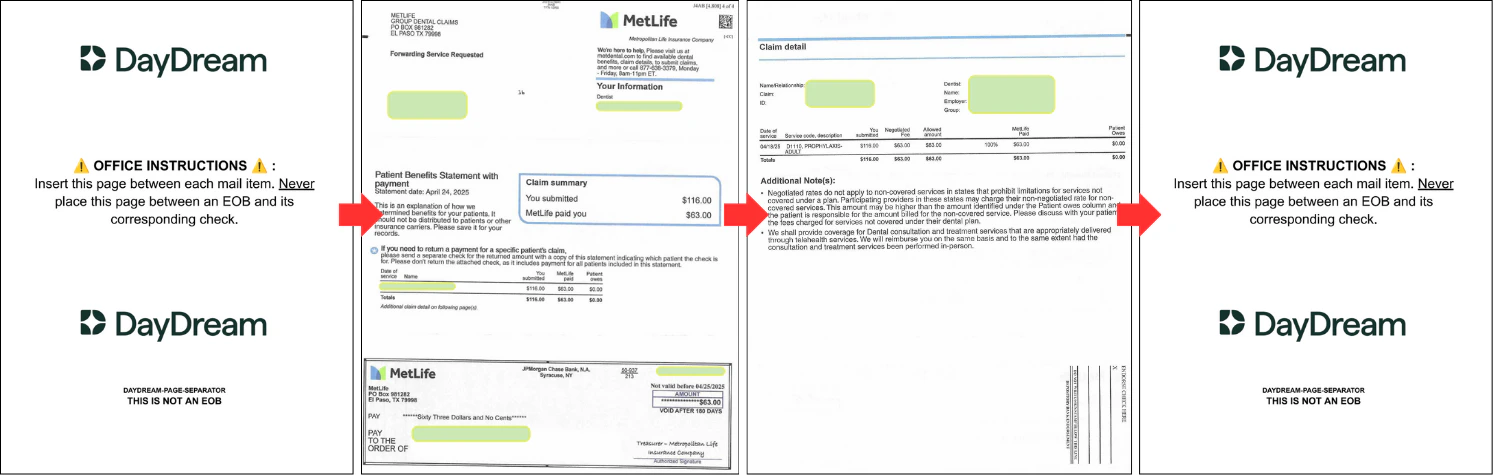 Example showing the proper order for scanning EOBs and payments with page separators