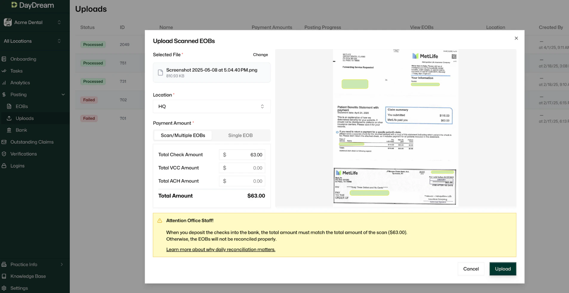 Screenshot of the DayDream 'Upload Scanned EOBs' modal, showing fields for Total Check Amount, Total VCC Amount, and Total ACH Amount, with a scanned MetLife EOB and check in the preview pane.