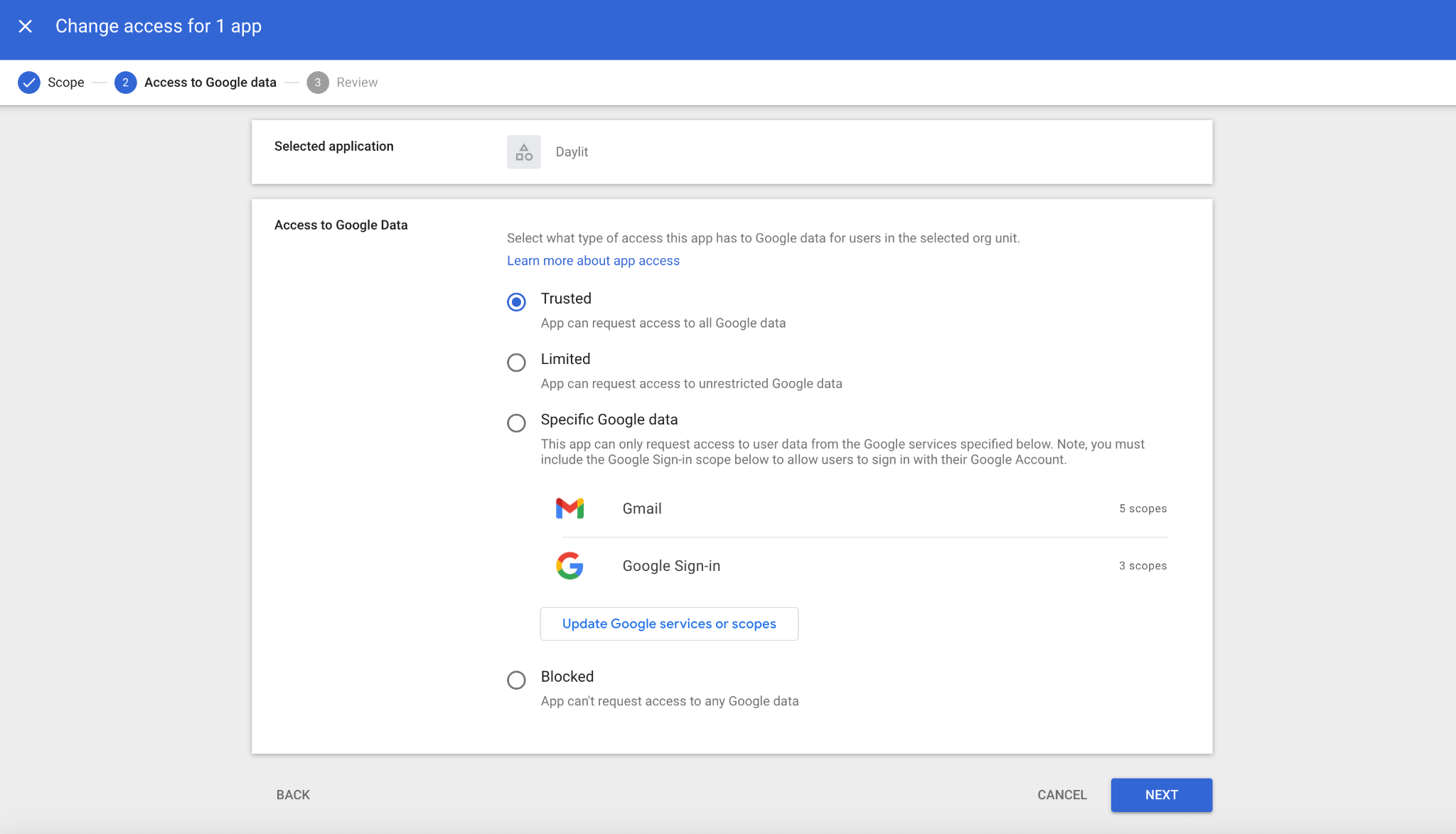 Select Trusted access for Daylit in Google Admin Console