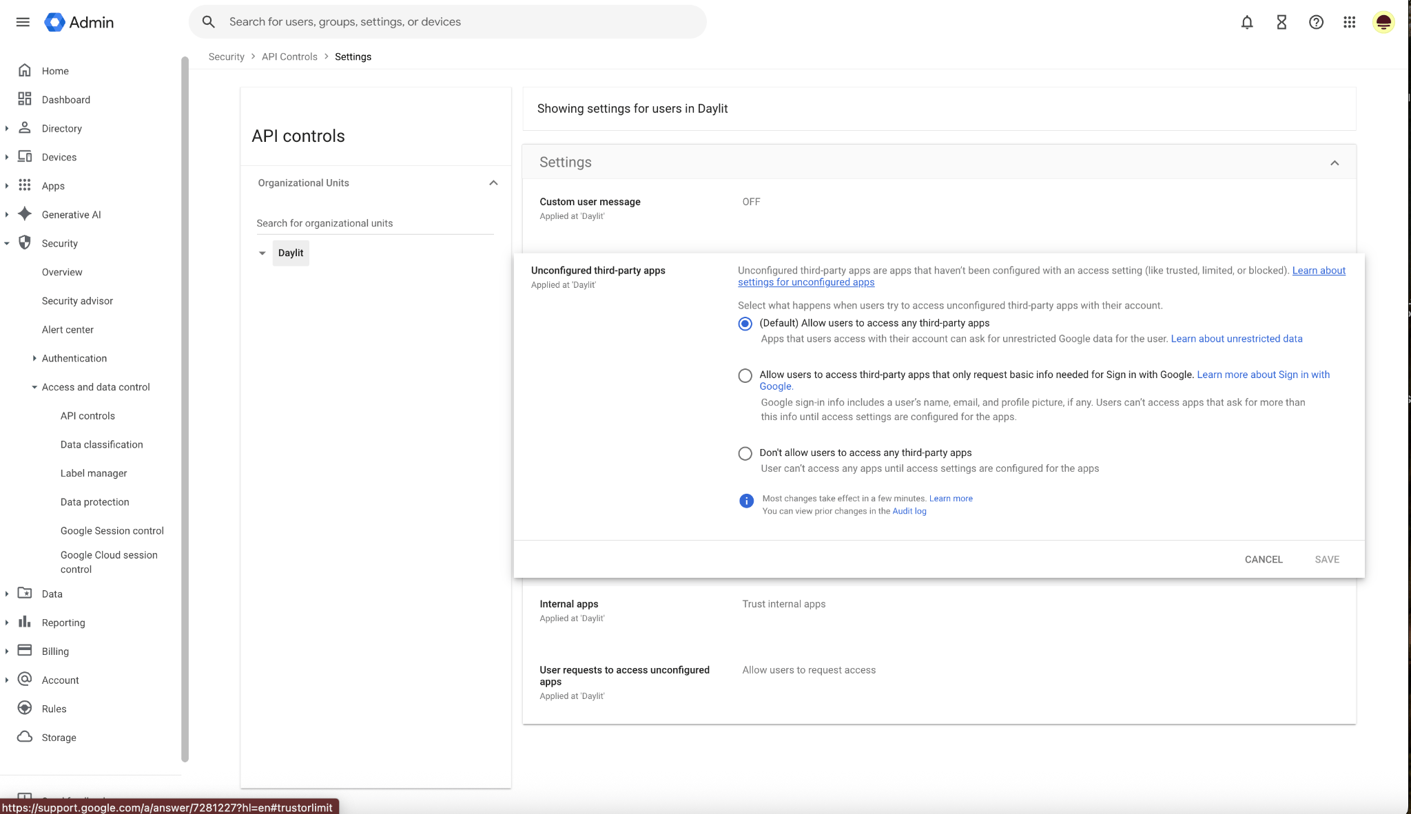 Default settings for unconfigured apps in Google Admin Console