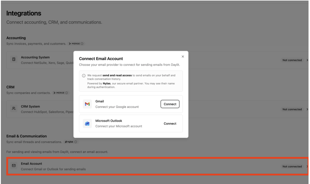 Connect Gmail in the Daylit email connection section