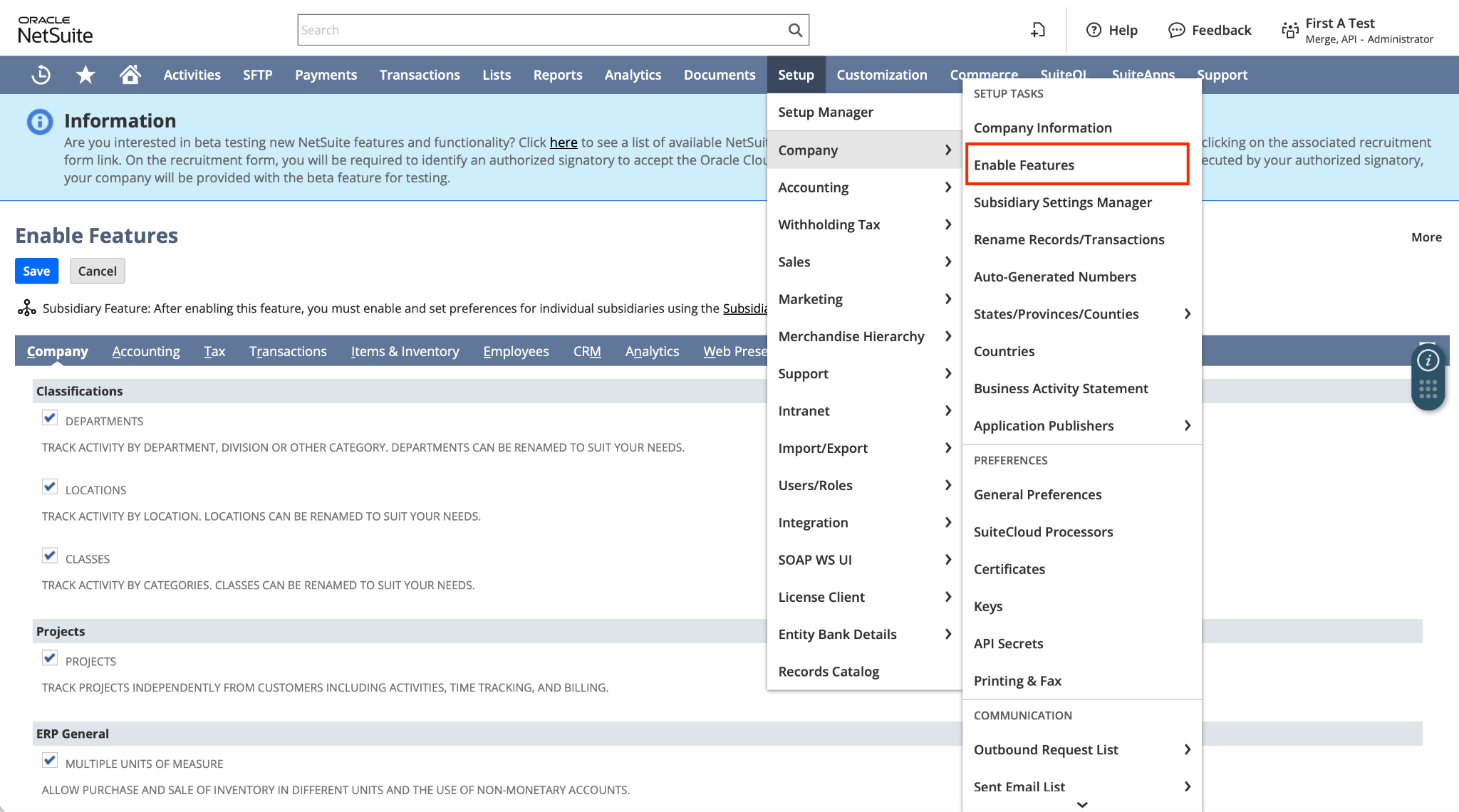 NetSuite Enable Features page