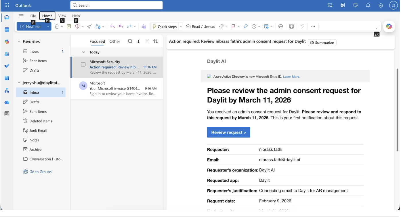 Request Outlook access approval in Daylit