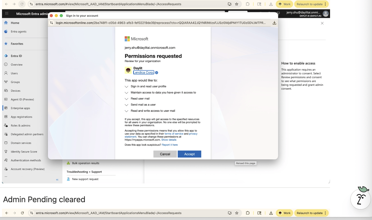 Admin accepts the Outlook access request