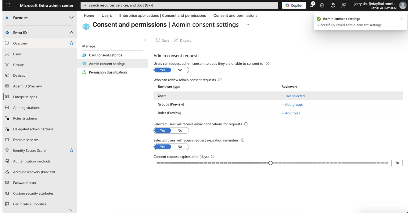 Save admin consent settings