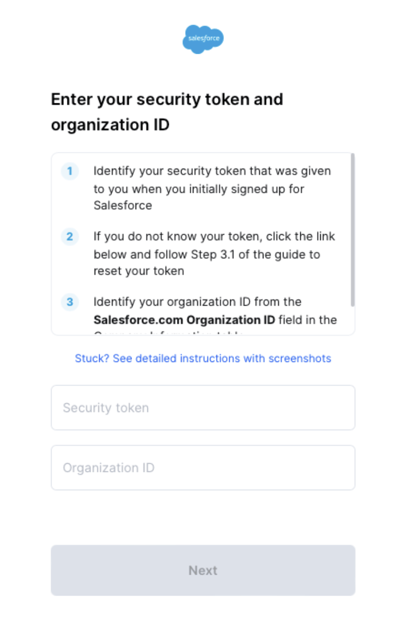 Enter security token and Organization ID in the linking flow