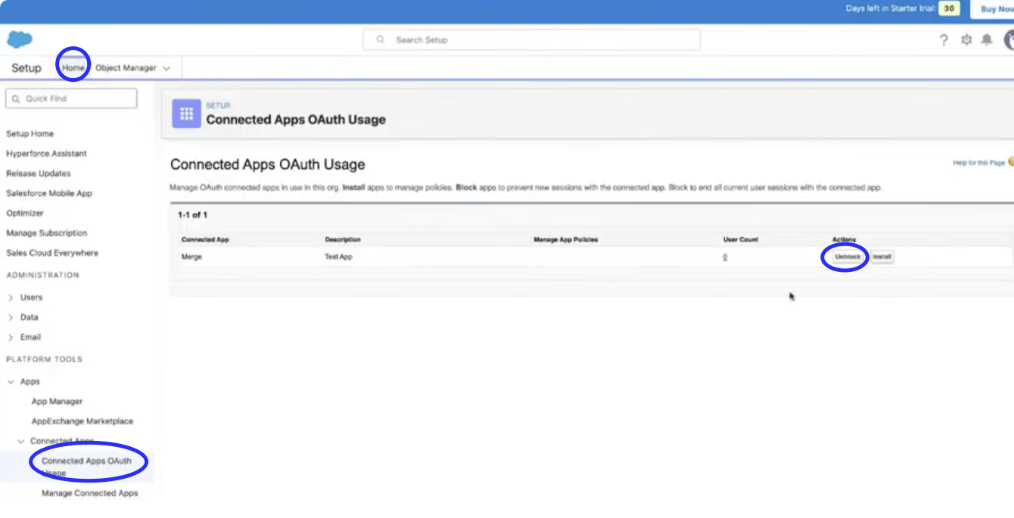 Unblock the Merge connected app in Salesforce