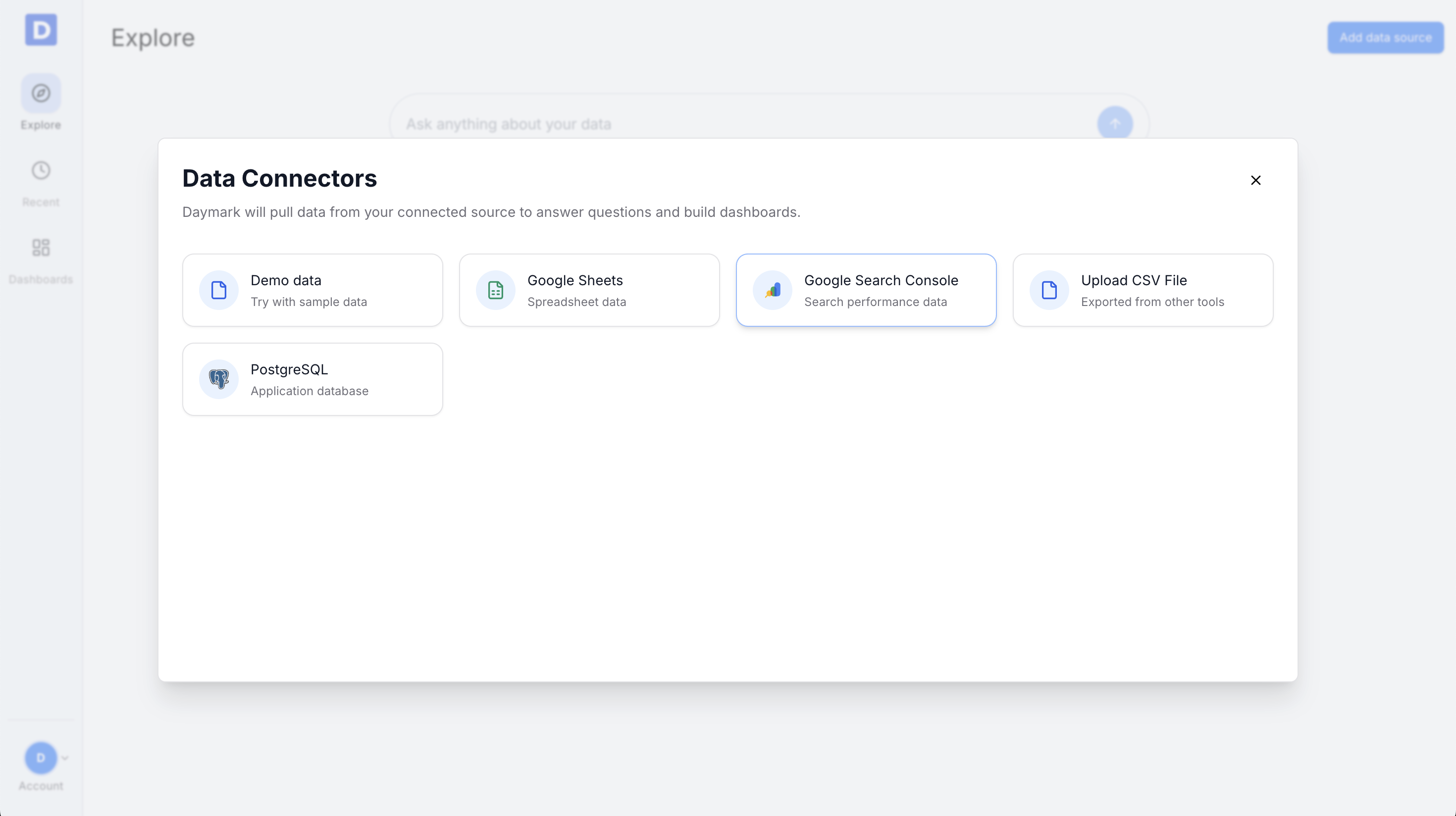 Data connectors modal showing Google Search Console option