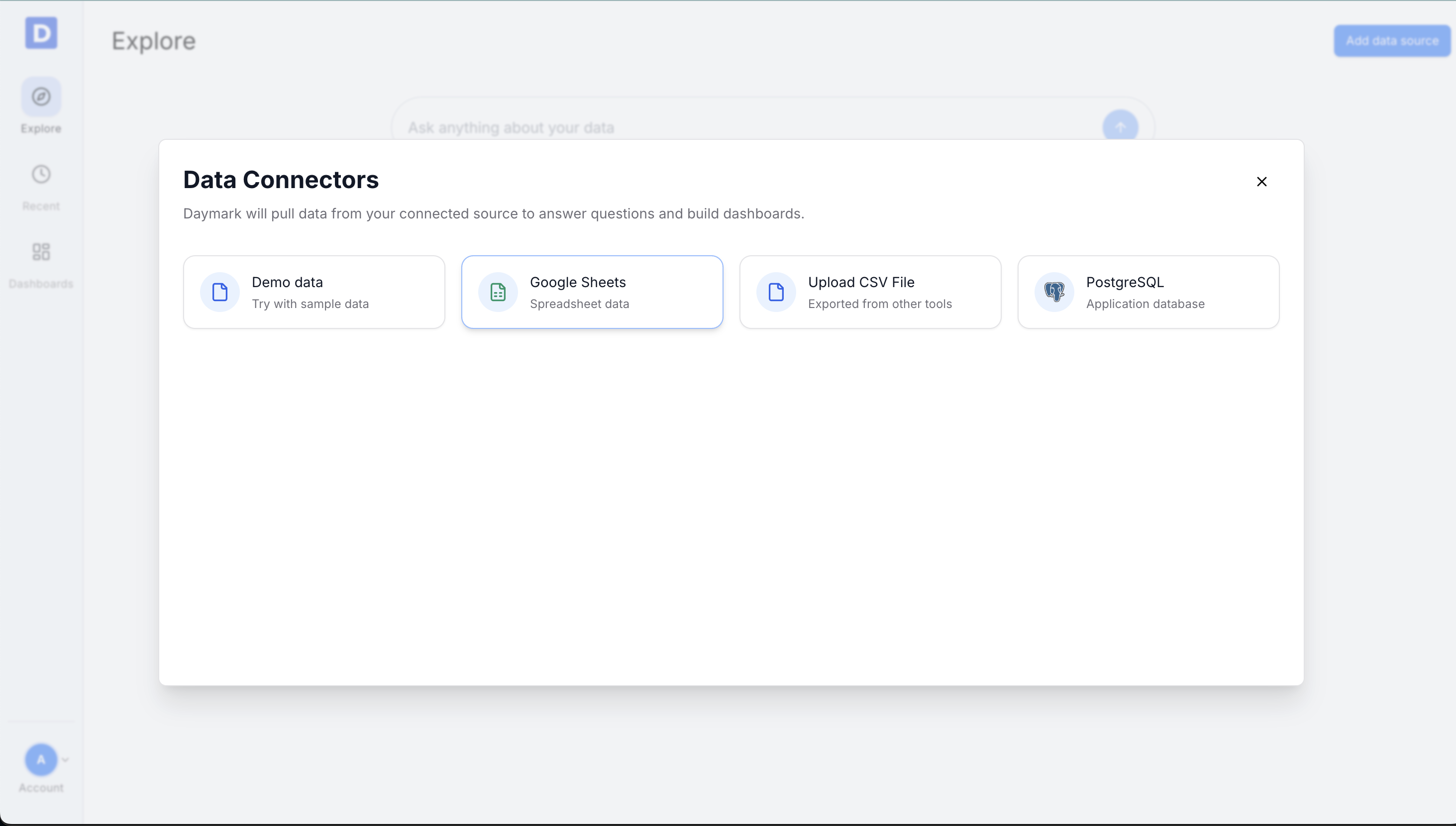 Data connectors modal showing Google Sheets option