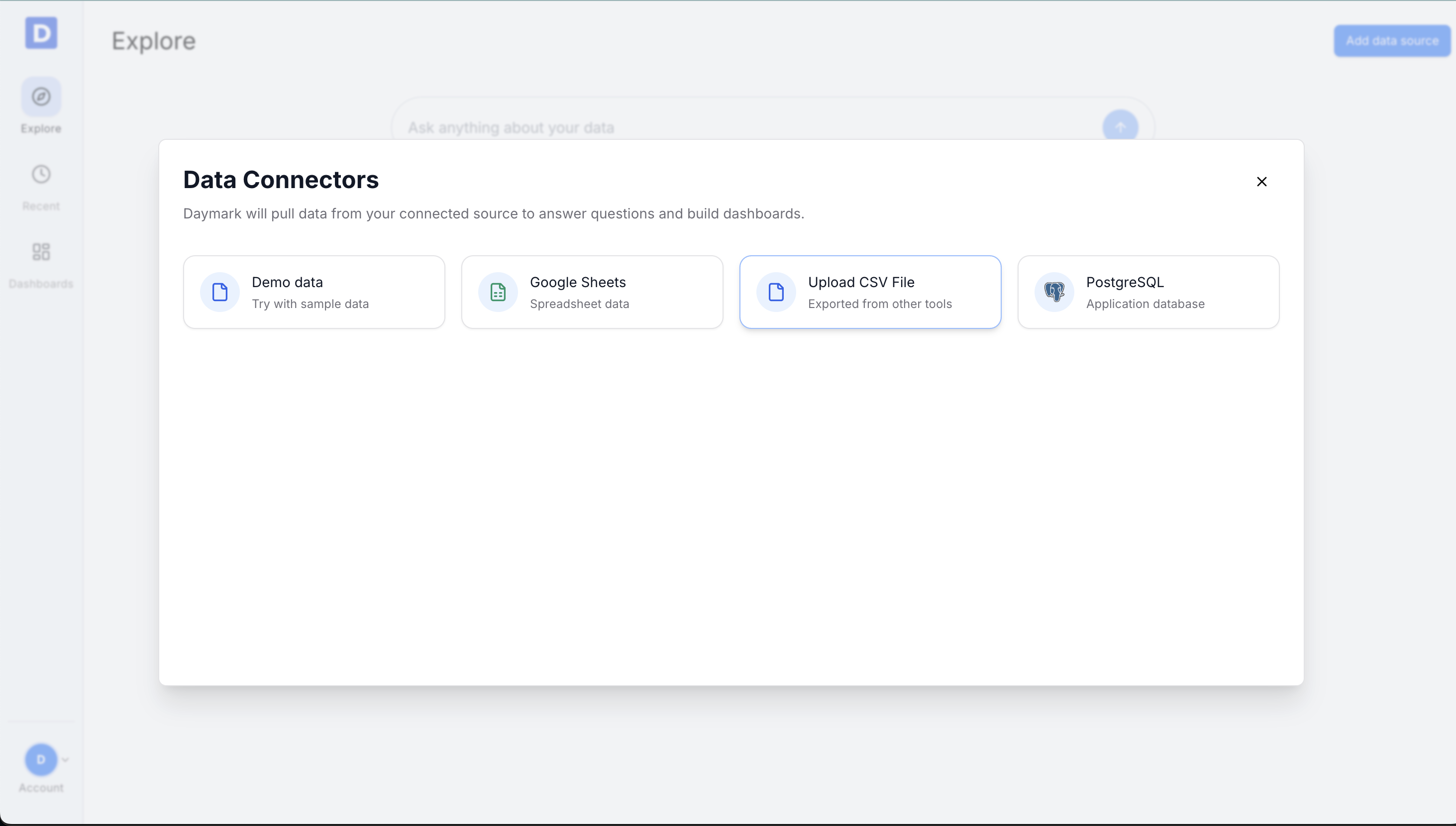 Data connectors modal with Upload CSV File selected