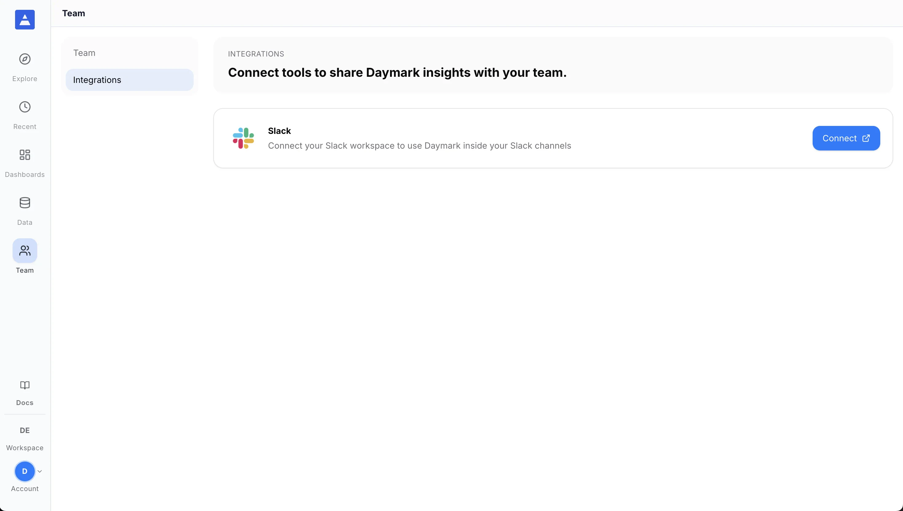 Slack integration page with Connect button