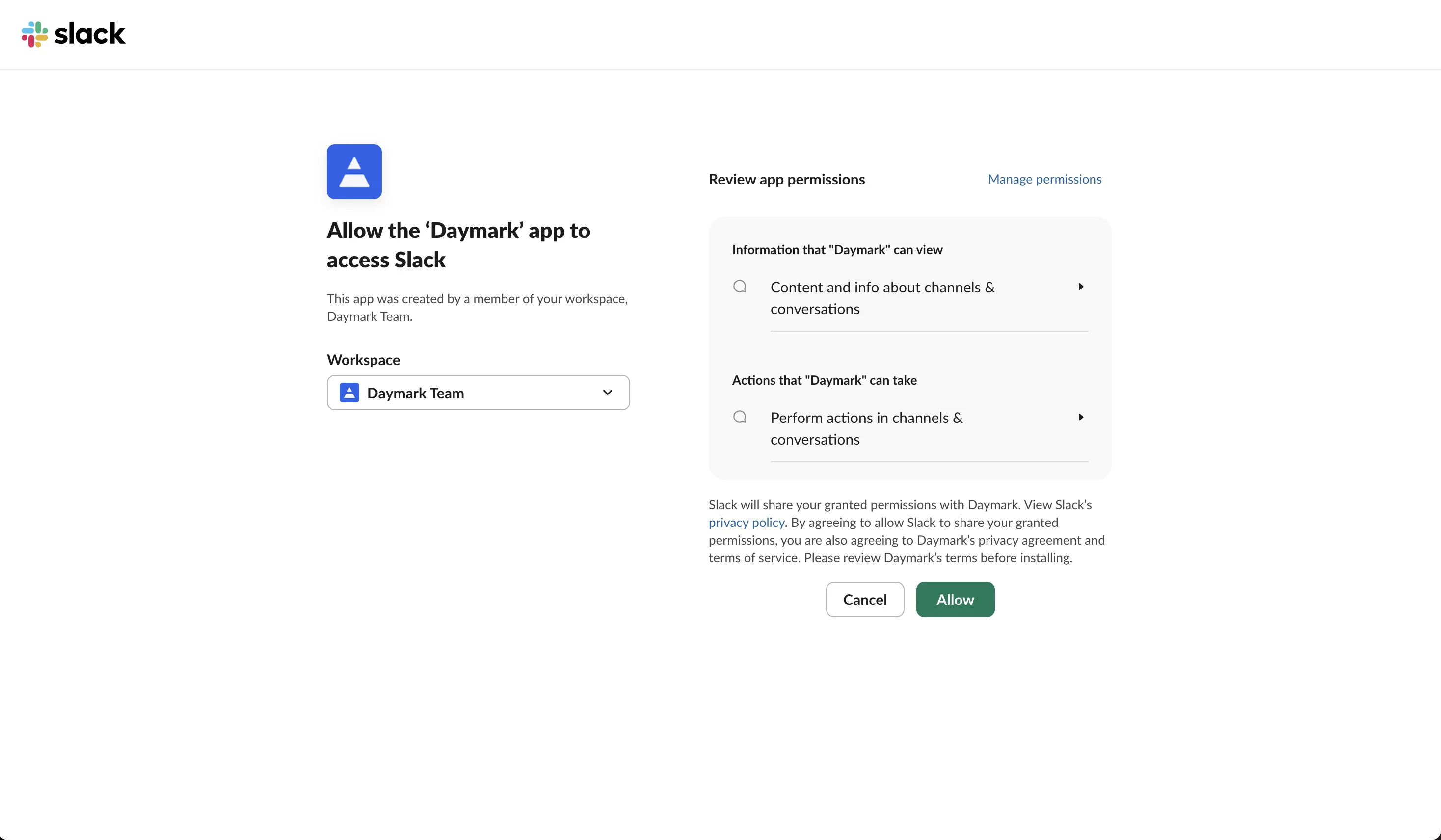 Slack integration connected status in Daymark