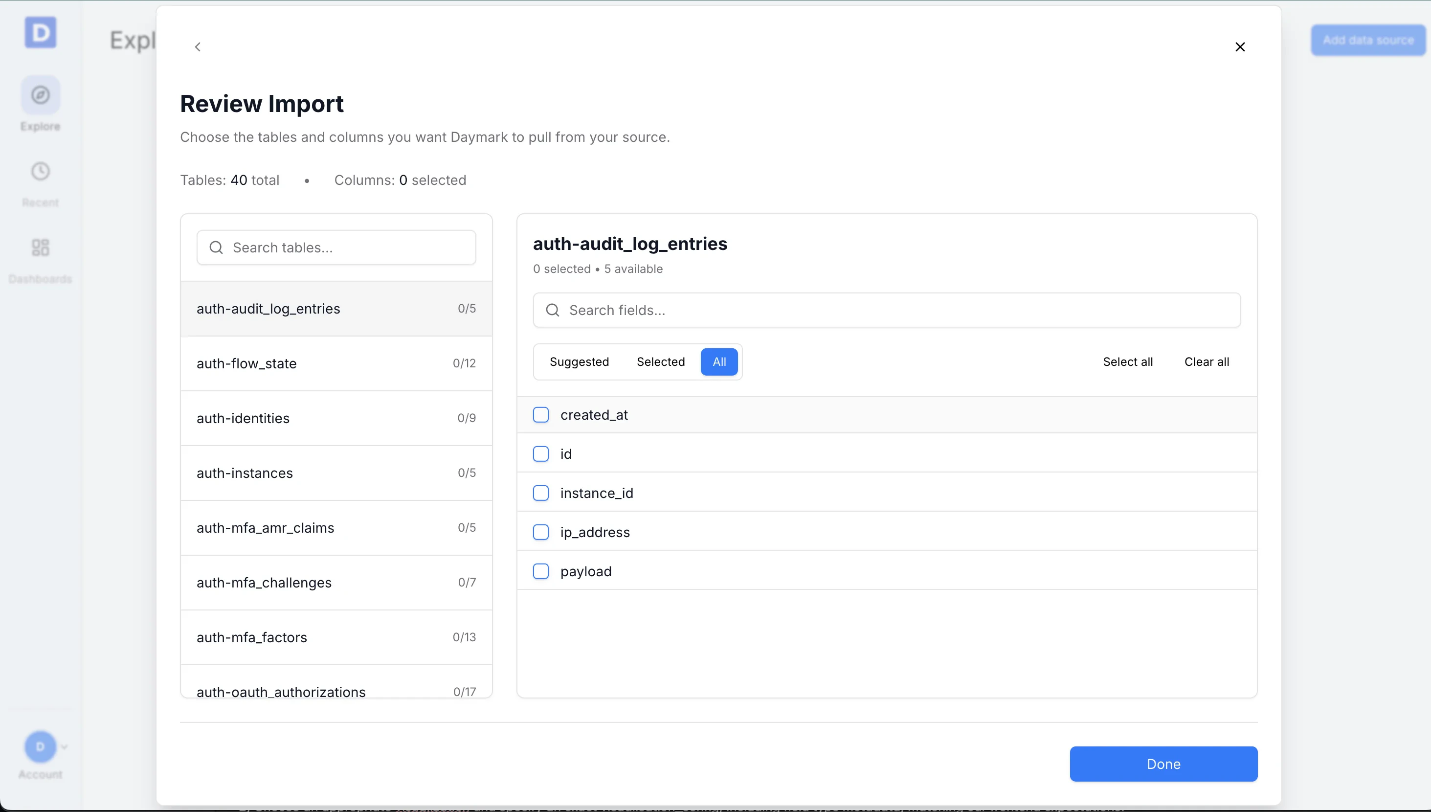 Field selection during PostgreSQL import