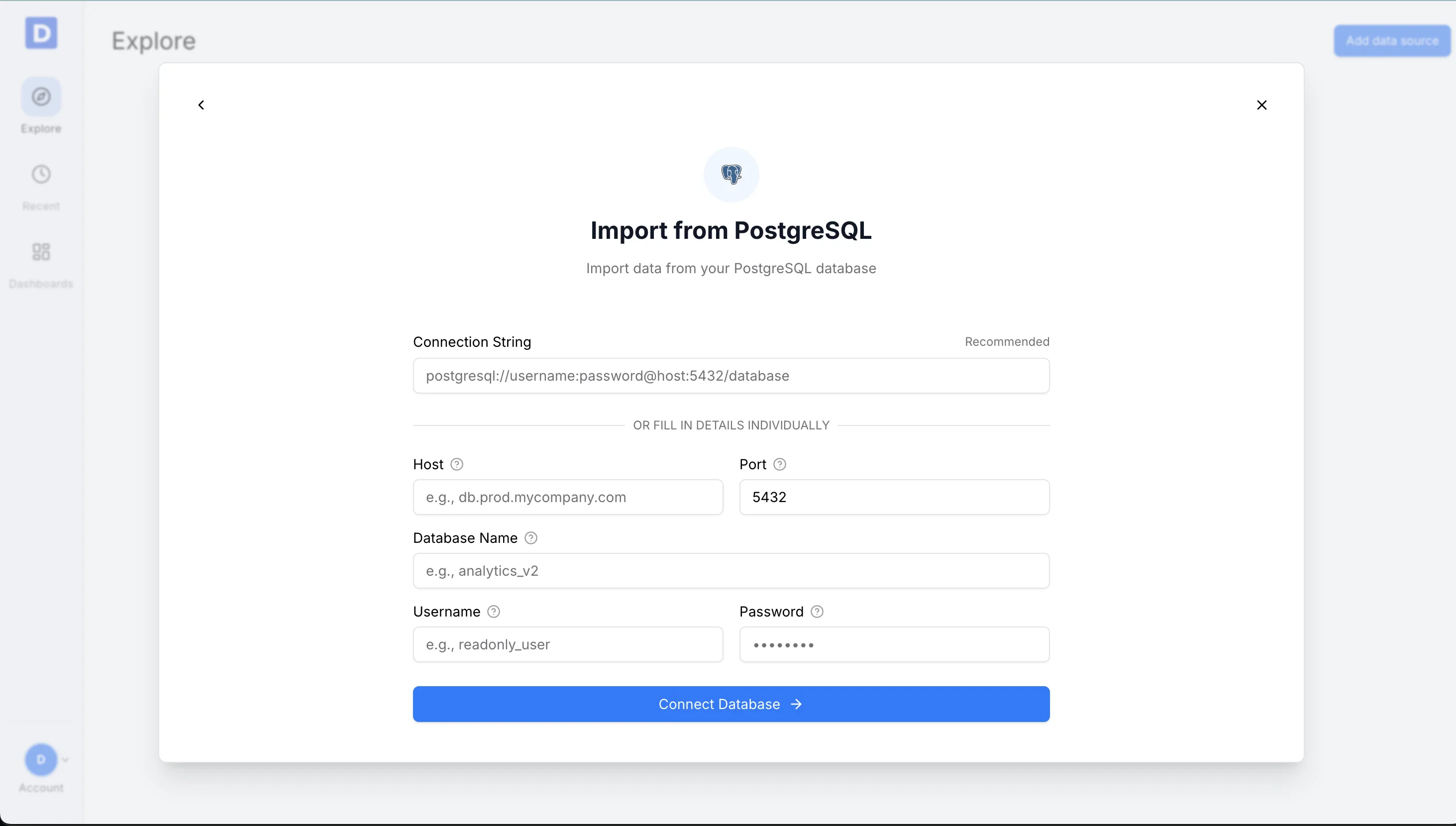 PostgreSQL connection form