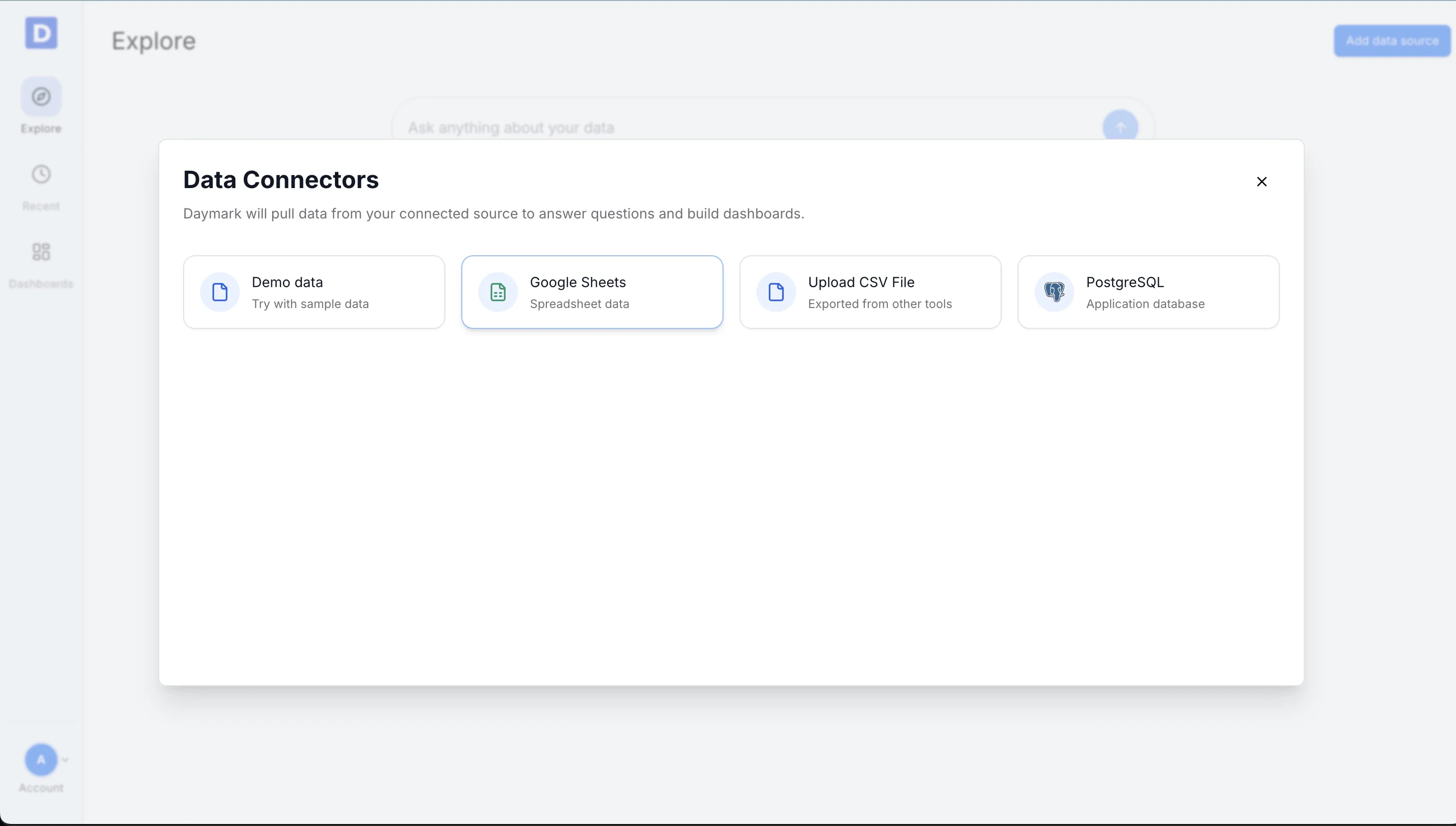Data connectors modal showing Google Sheets option