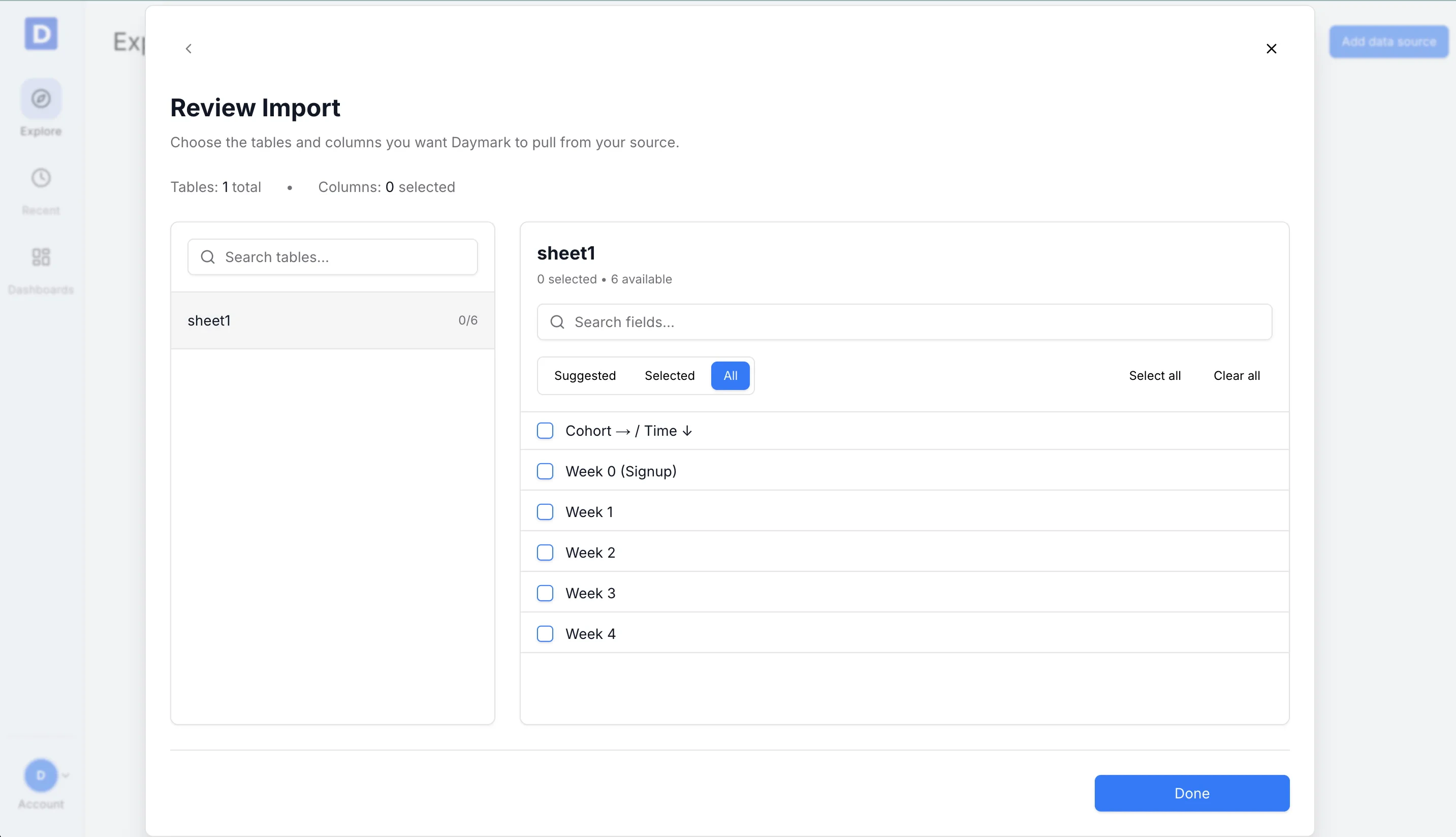 Field selection for Google Sheets import