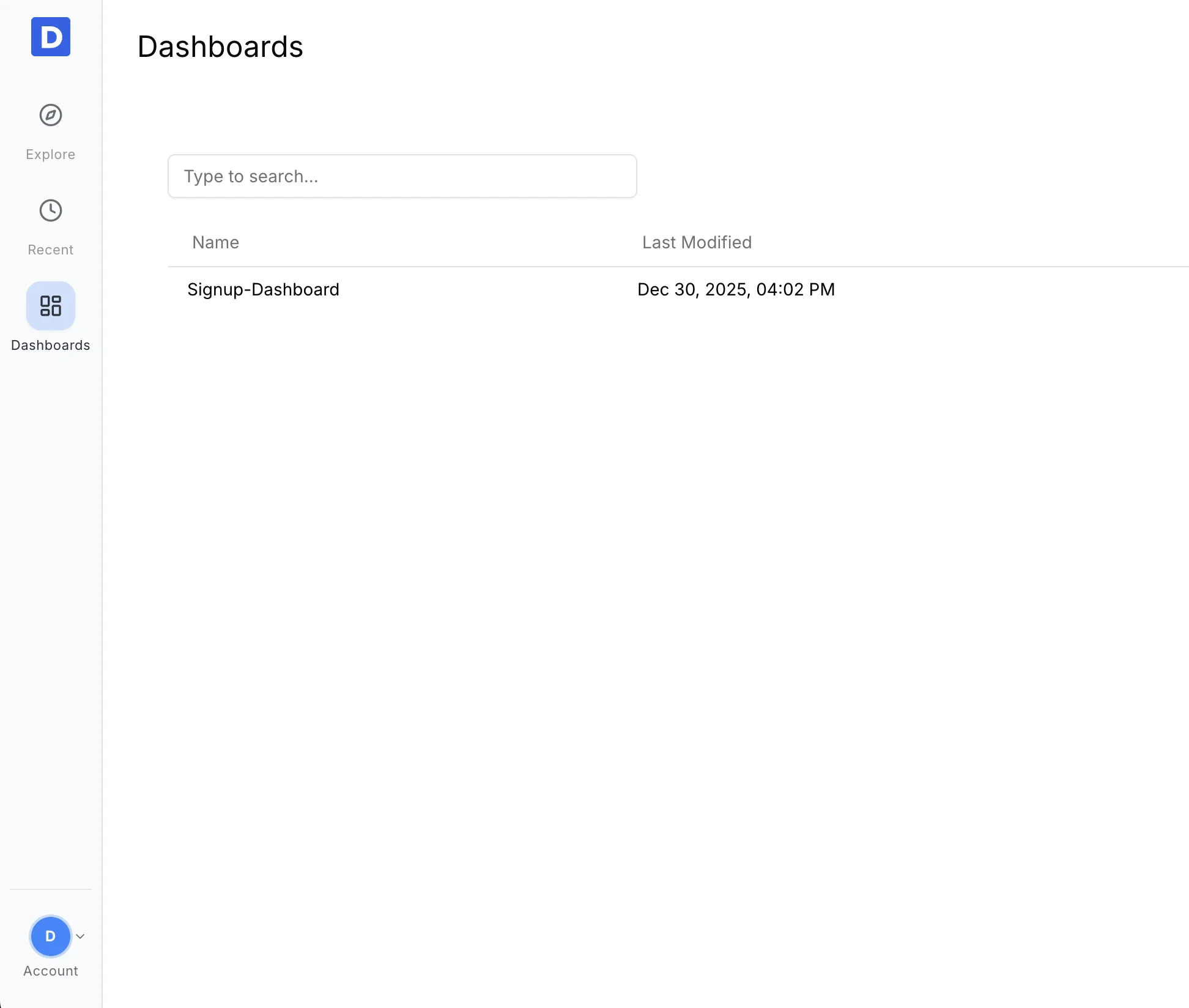 Dashboards list view