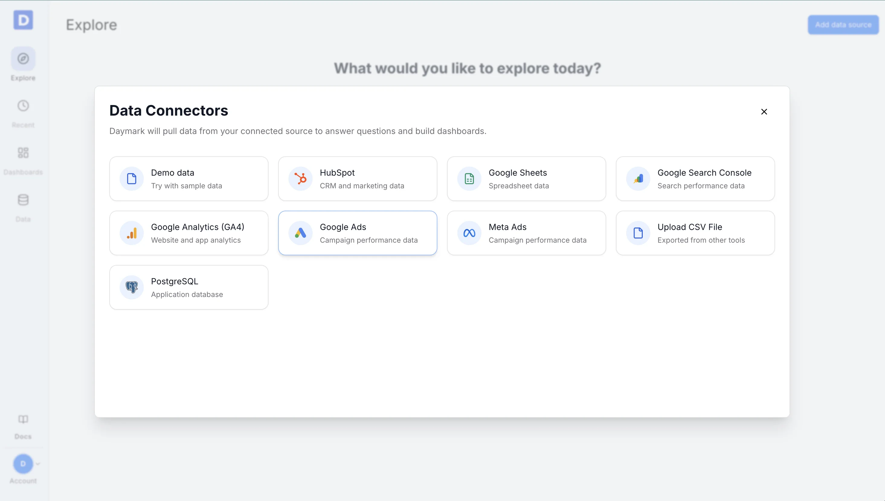 Data connectors modal showing Google Ads option