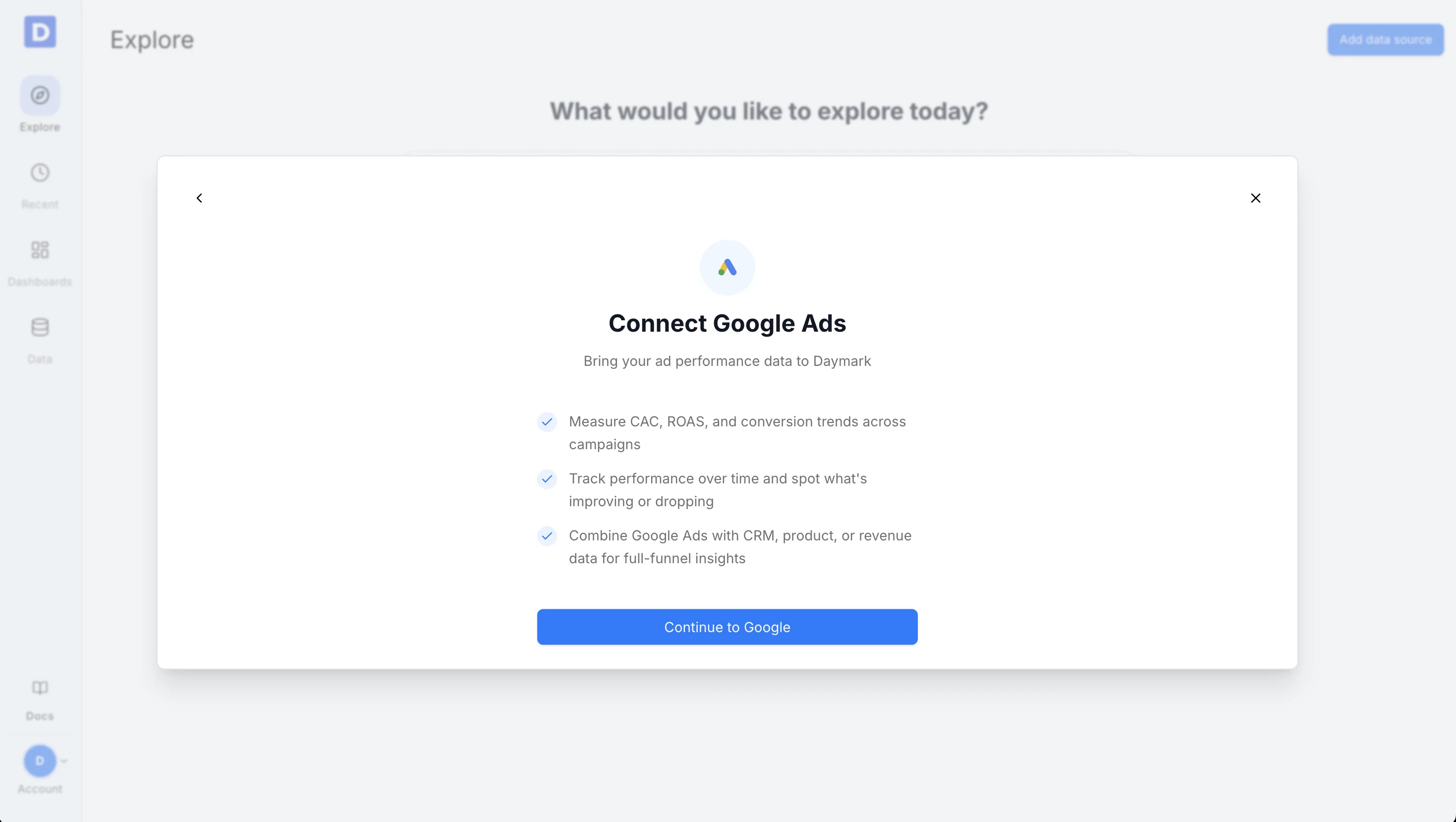 Google Ads connector sign-in step