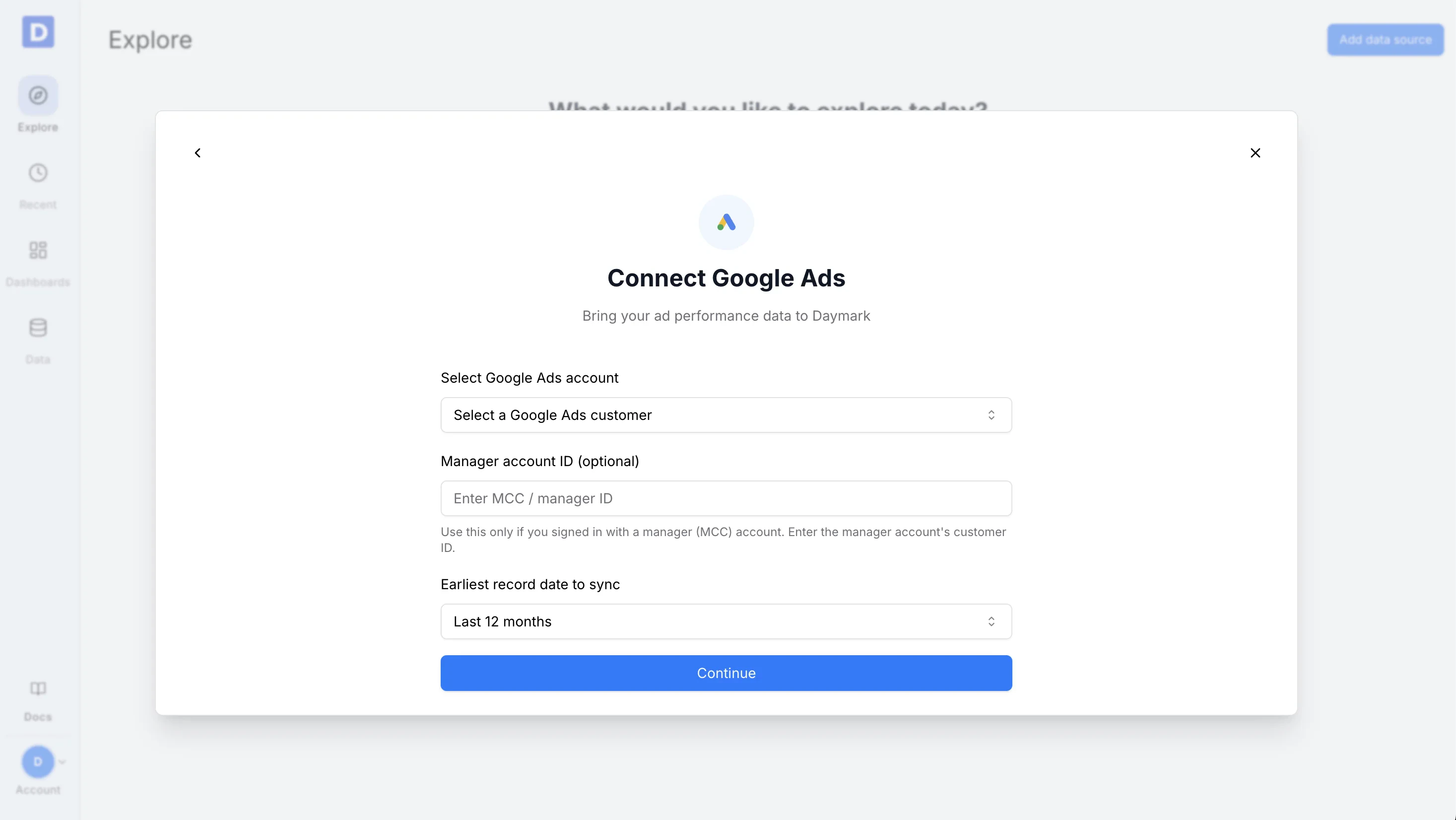 Select Google Ads account and timeline step