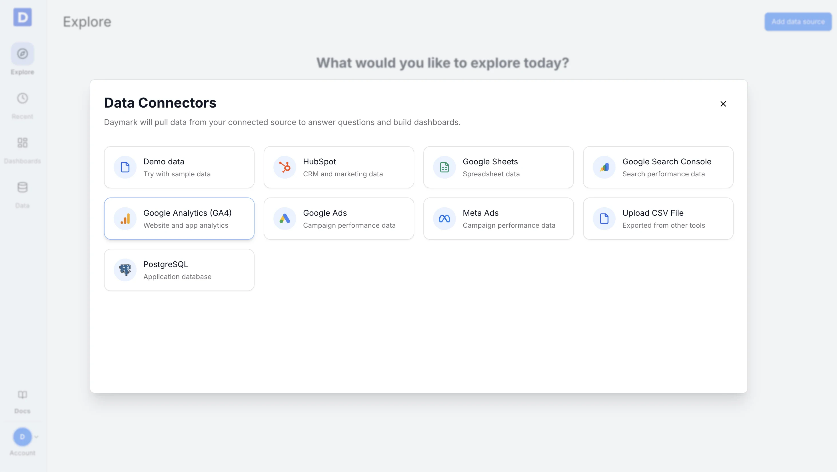 Data connectors list showing Google Analytics
