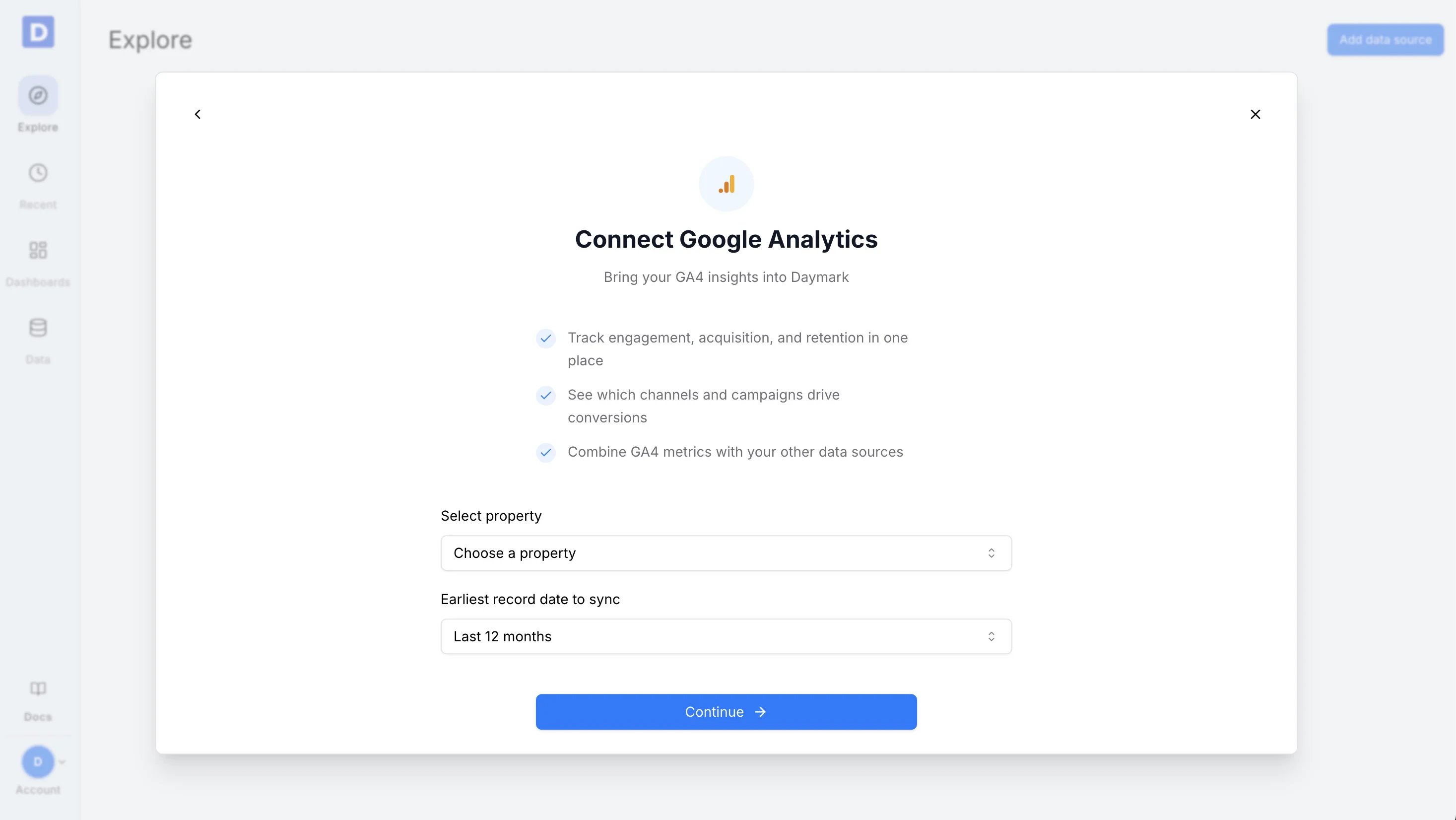 Account, property, and date range selection screen