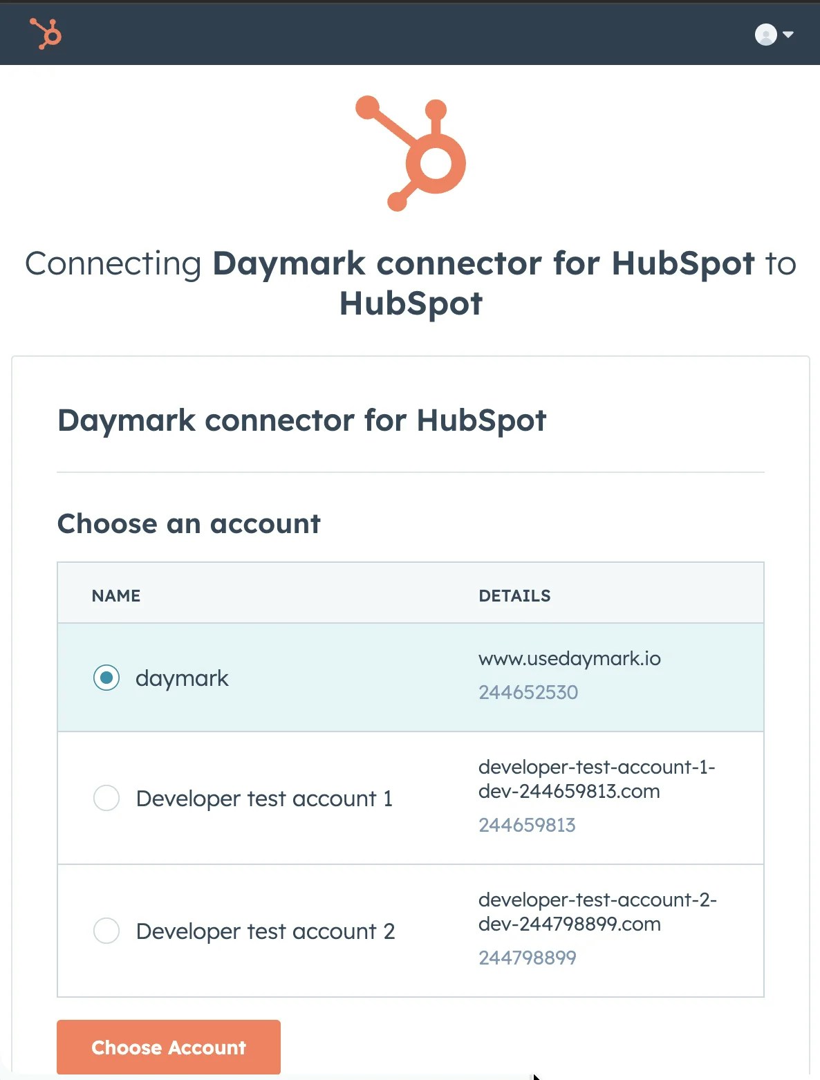 HubSpot account selection